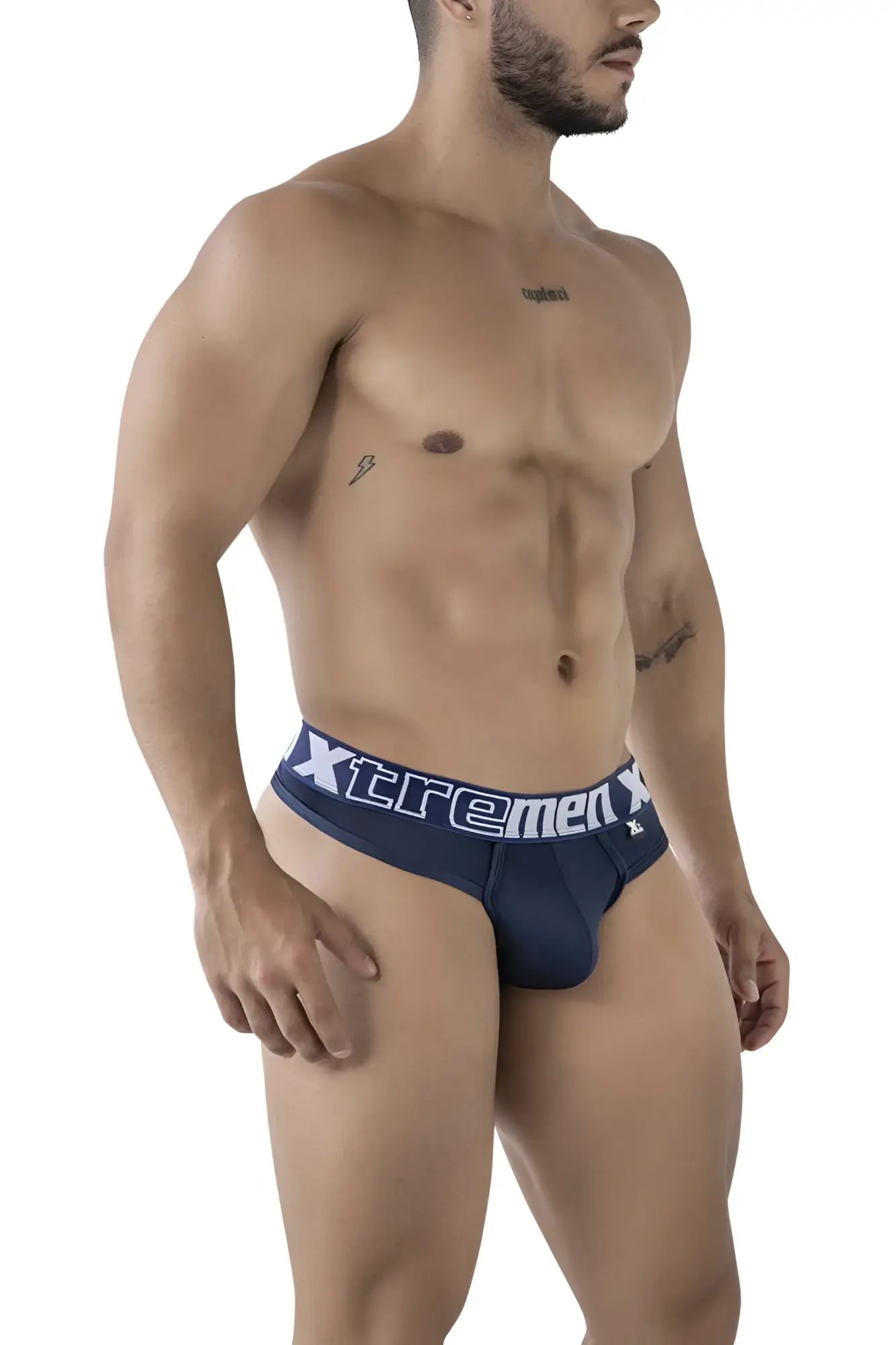 Navy xtremen 91208b microfiber men’s briefs with white lettering on waistband showing front view