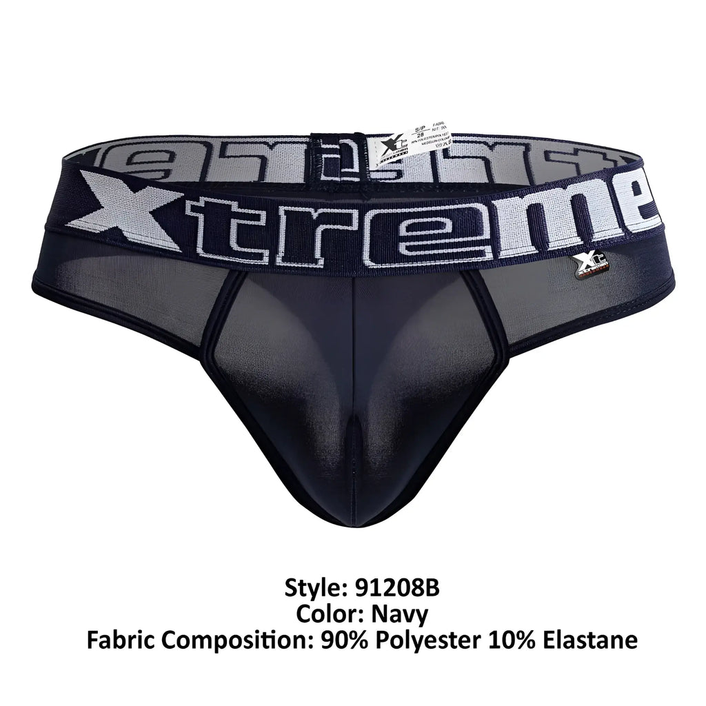 Navy xtremen 91208b microfiber men’s thong with mesh front and elastic waistband featuring silver xtreme logo