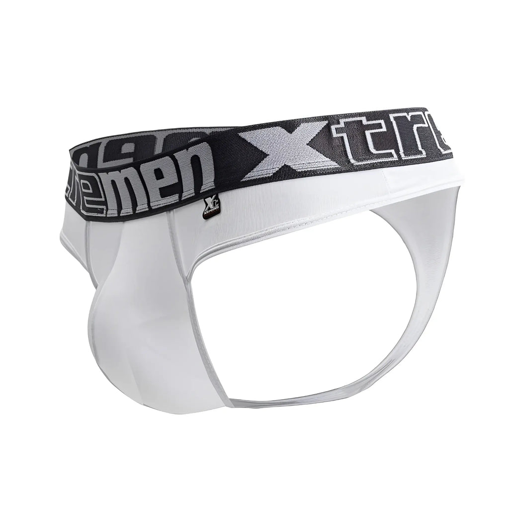 White xtremen 91208b microfiber briefs with black elastic waistband gray xtreme branding and xp logo tag