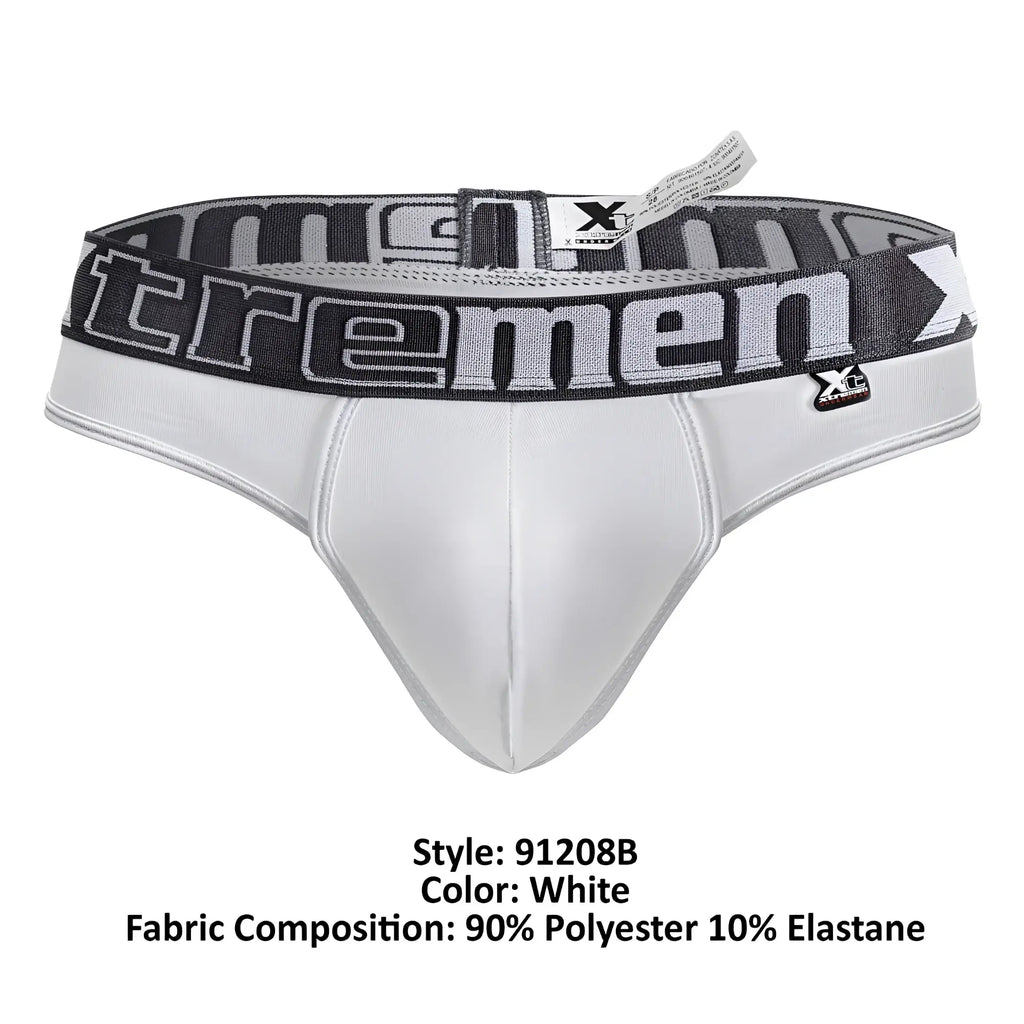 White men’s microfiber briefs with a black and gray elastic waistband featuring the xtremen logo in bold lettering