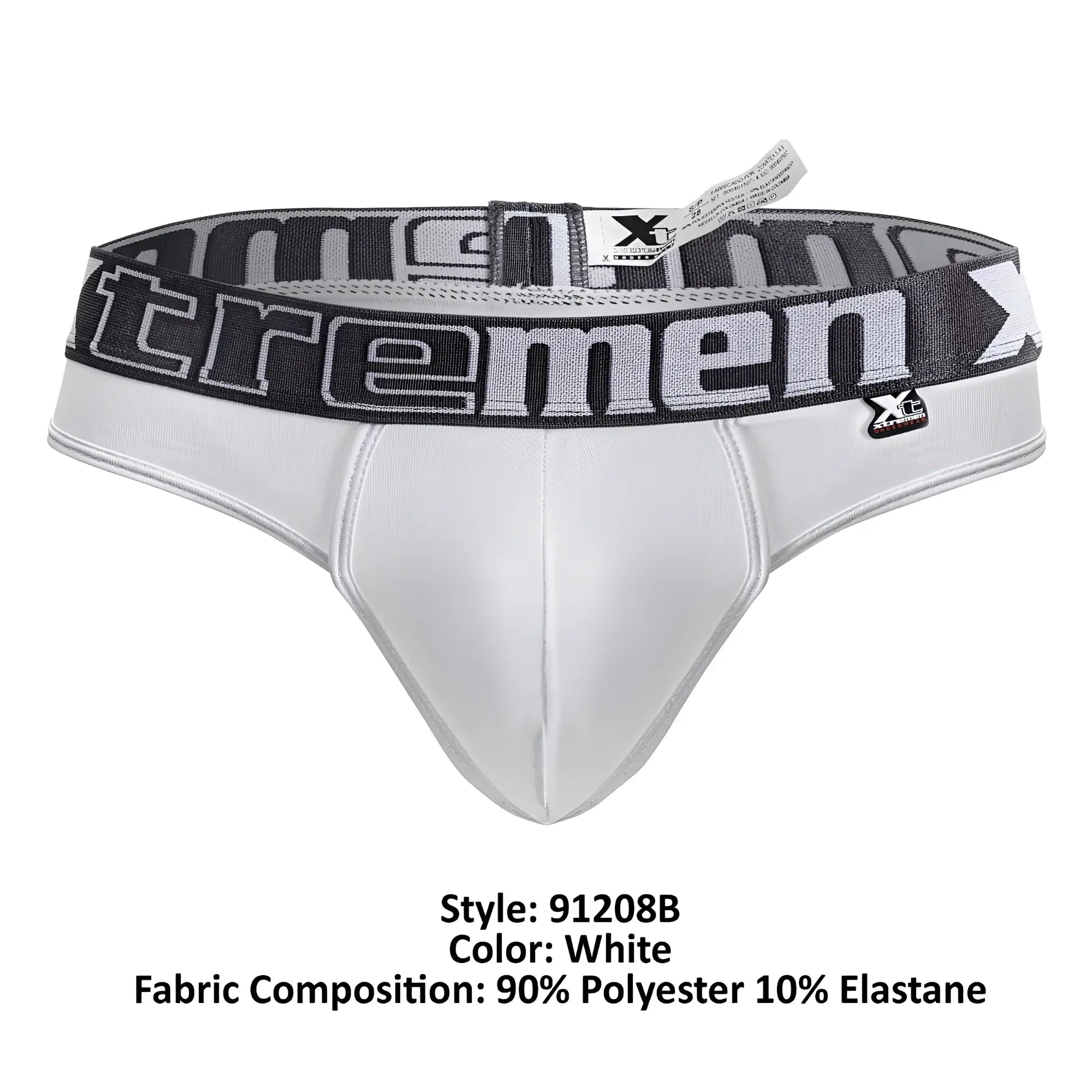 White men’s microfiber briefs with a black and gray elastic waistband featuring the xtremen logo in bold lettering