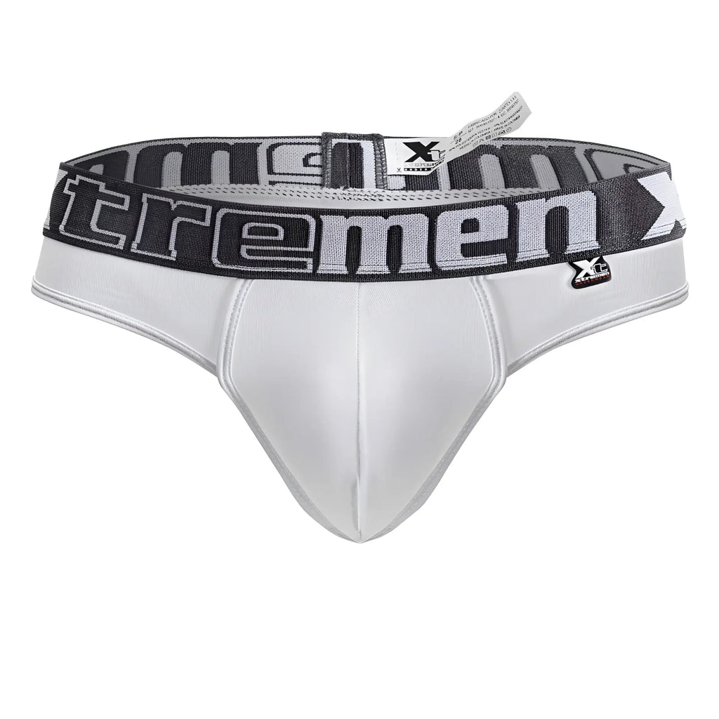 White men’s microfiber briefs with gray and black waistband featuring extremen logo for comfortable wear