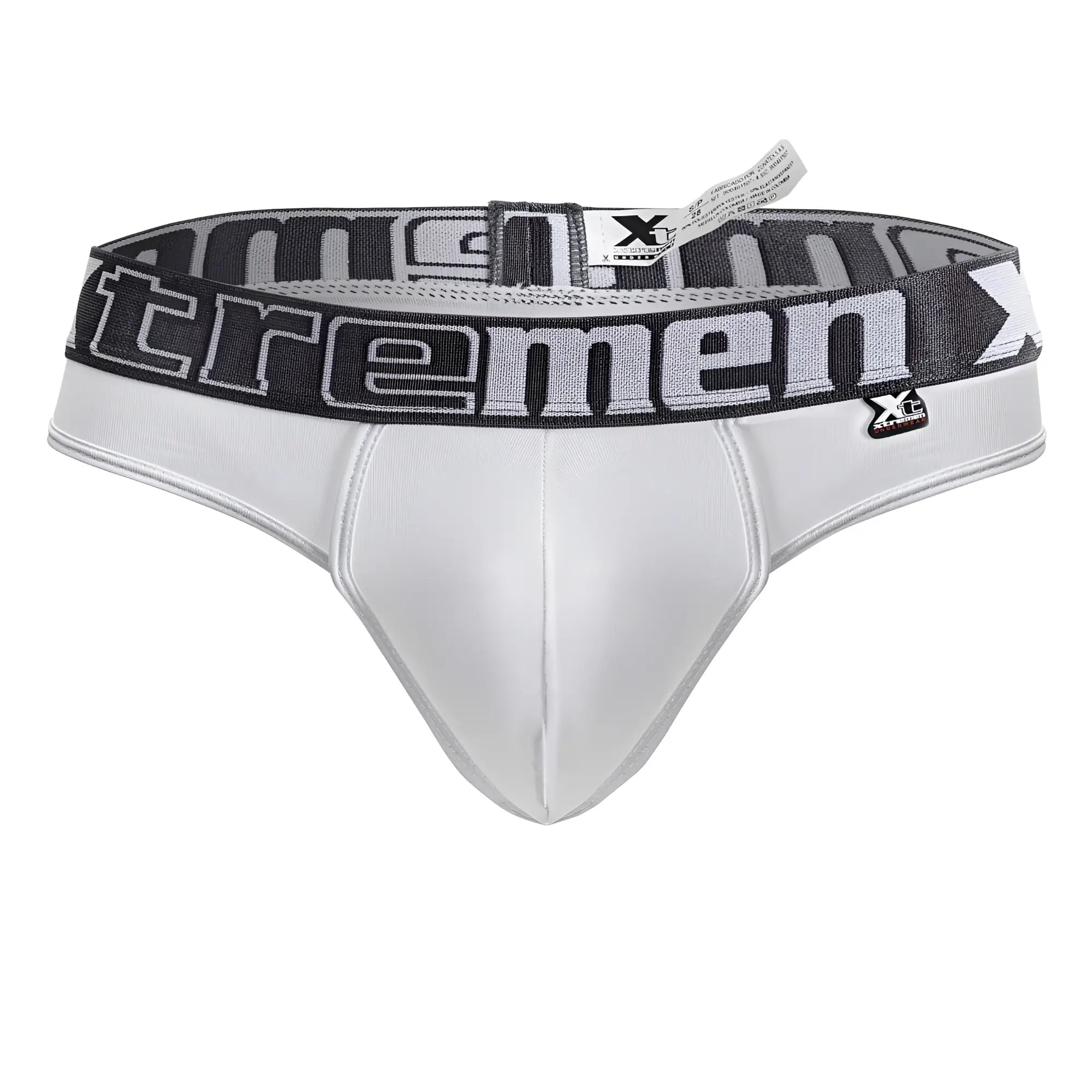 White men’s microfiber briefs with gray and black waistband featuring extremen logo for comfortable wear