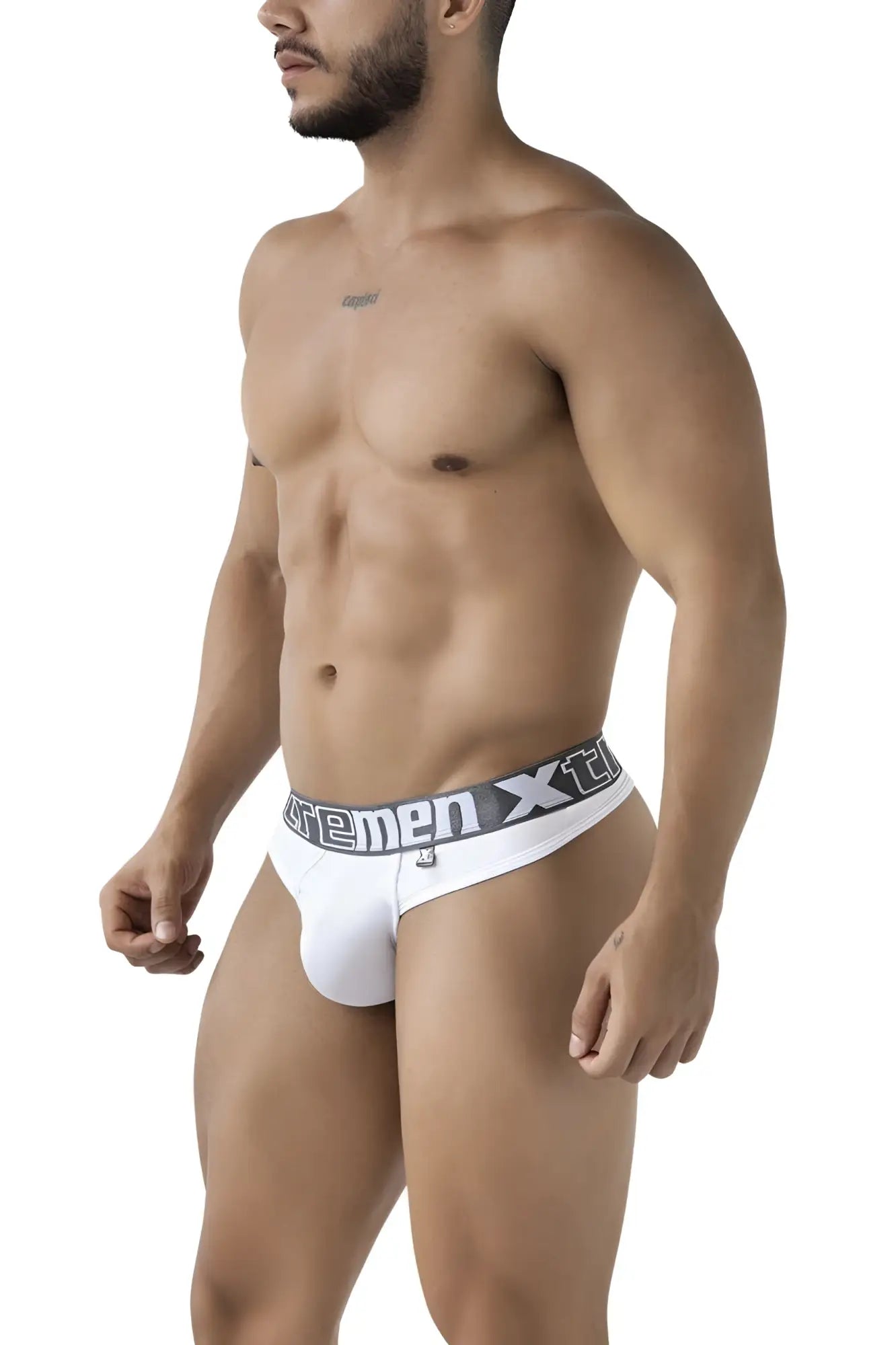 White xtremen 91208b microfiber thongs with gray waistband featuring xtreme brand logo