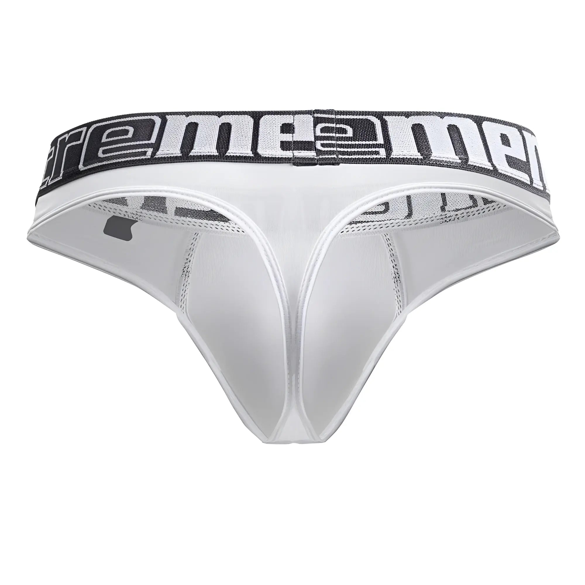 White xtremen 91208b microfiber men’s thong with black and white extreme men waistband shown from the back