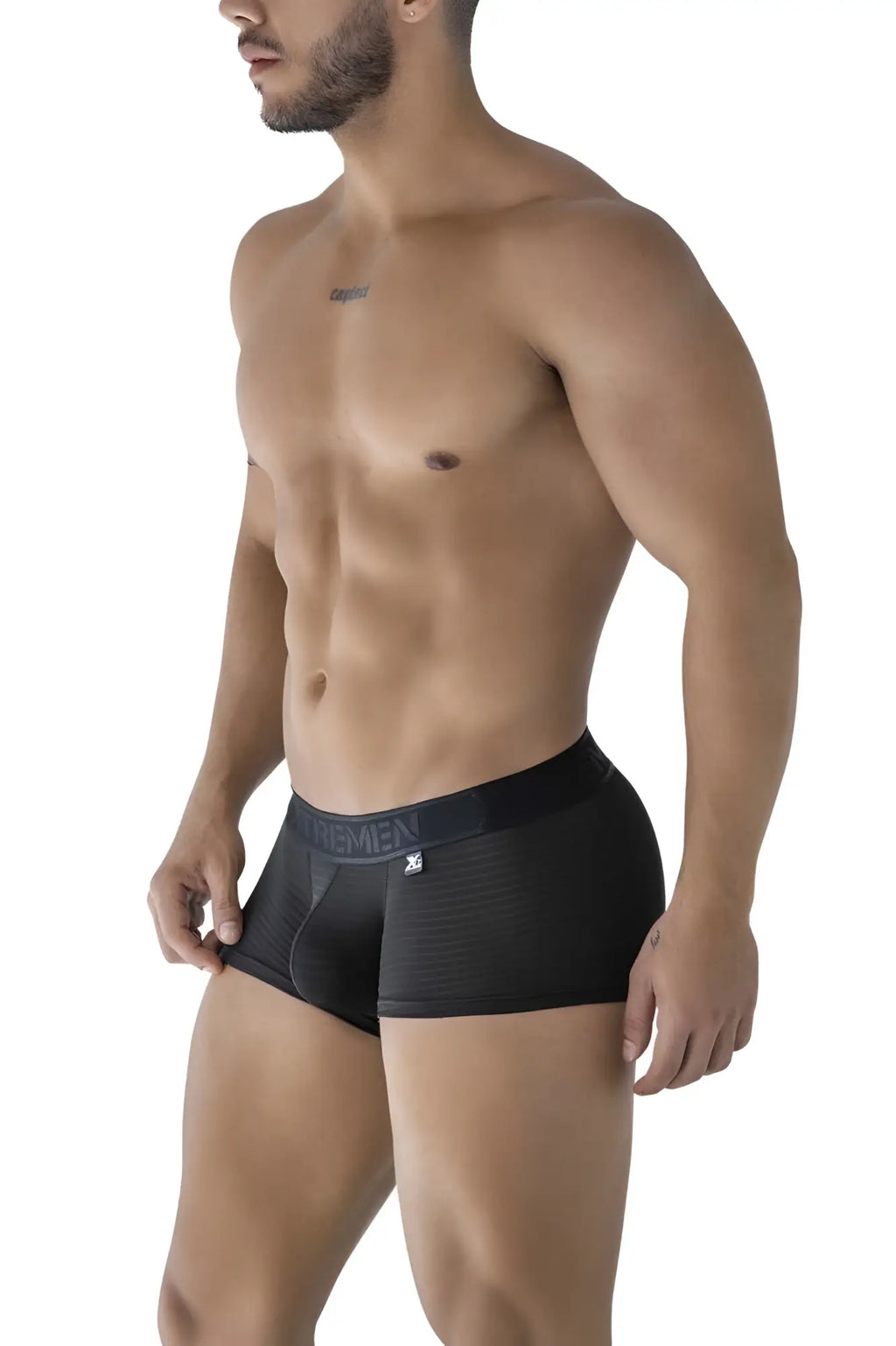 Black xtremen 91209b microfiber trunks with textured front panel and elastic waistband featuring extreme brand name