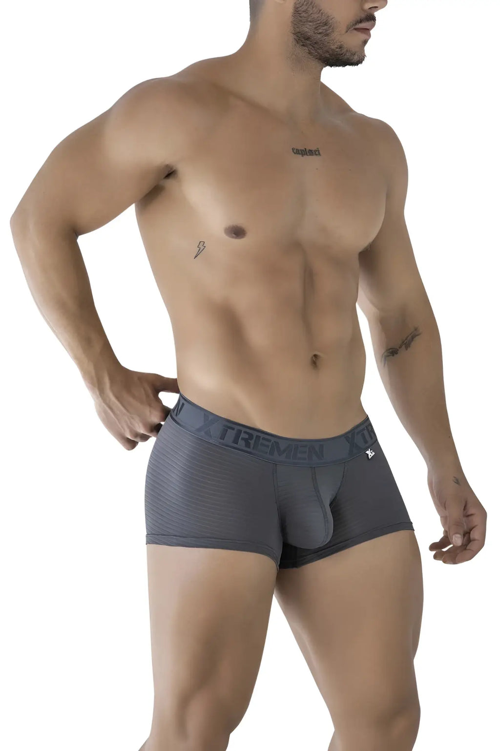 Dark gray Xtremen 91209B microfiber trunks with form-fitting design and textured waistband featuring Trememen logo