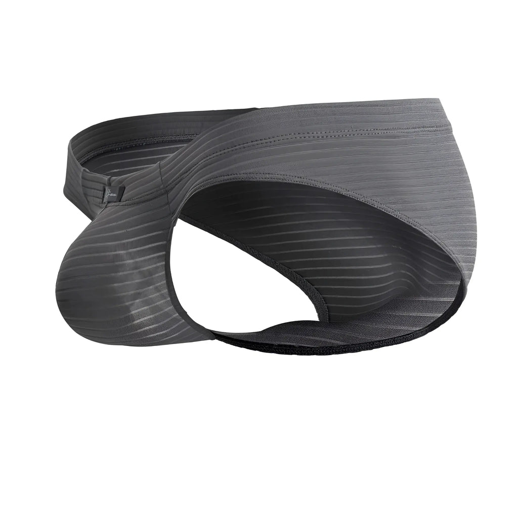 Gray xtremen 91210b microfiber men’s briefs with gray stripes contoured design and black trim front view