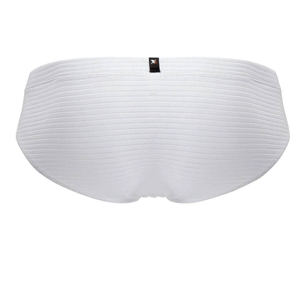 White xtremen 91210b microfiber briefs with a ribbed texture and small black brand tag at the waistband