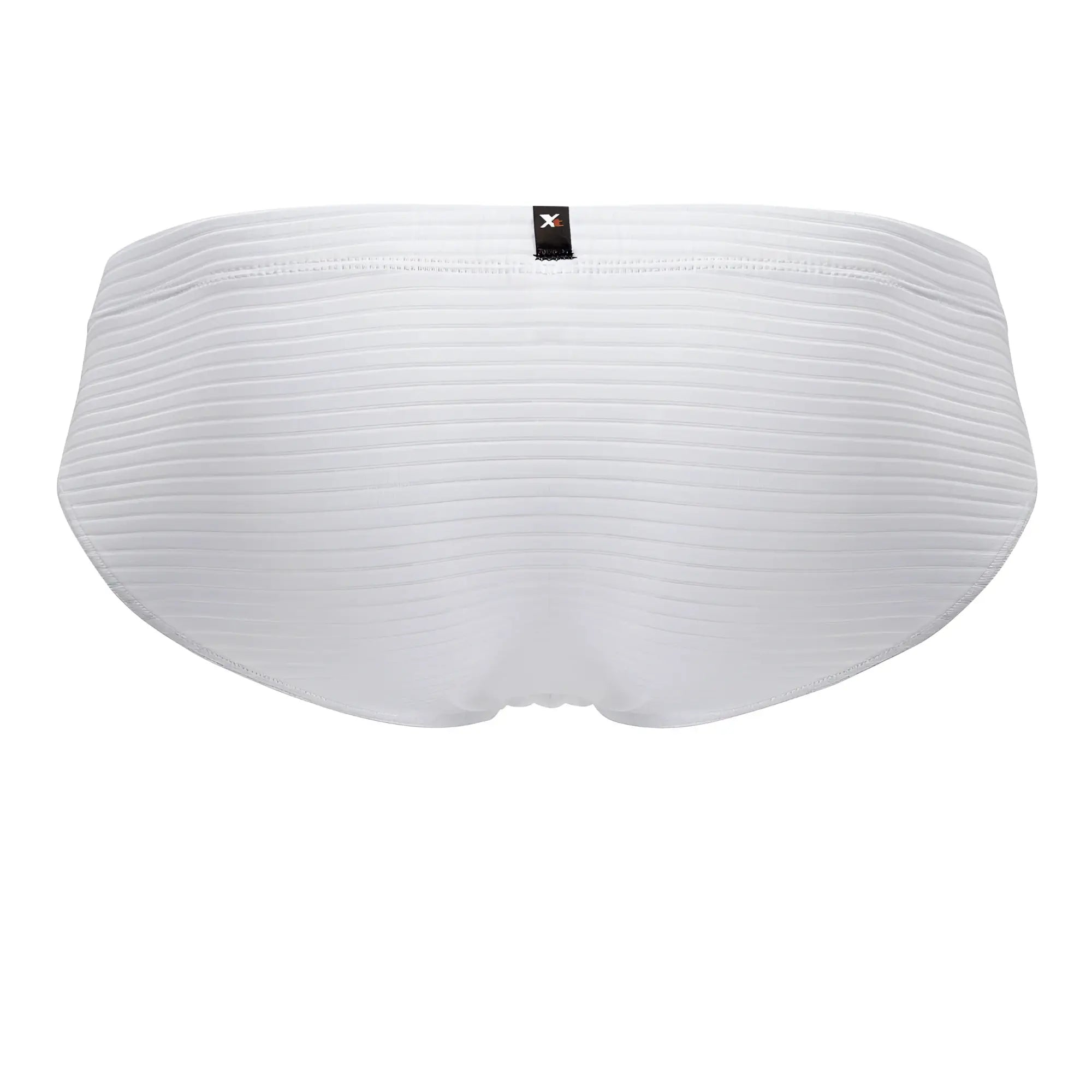 White xtremen 91210b microfiber briefs with a ribbed texture and small black brand tag at the waistband