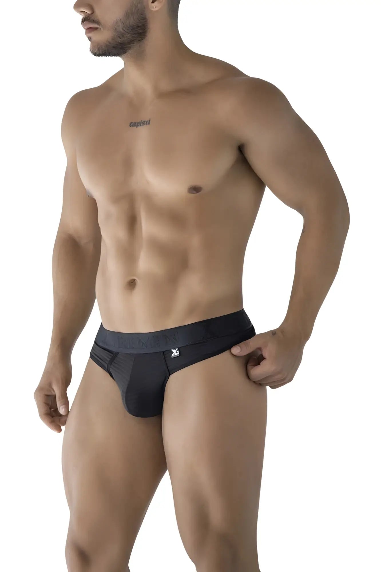 Black xtremen 91211b microfiber thongs with a snug fit and subtle waistband logo showing the front side