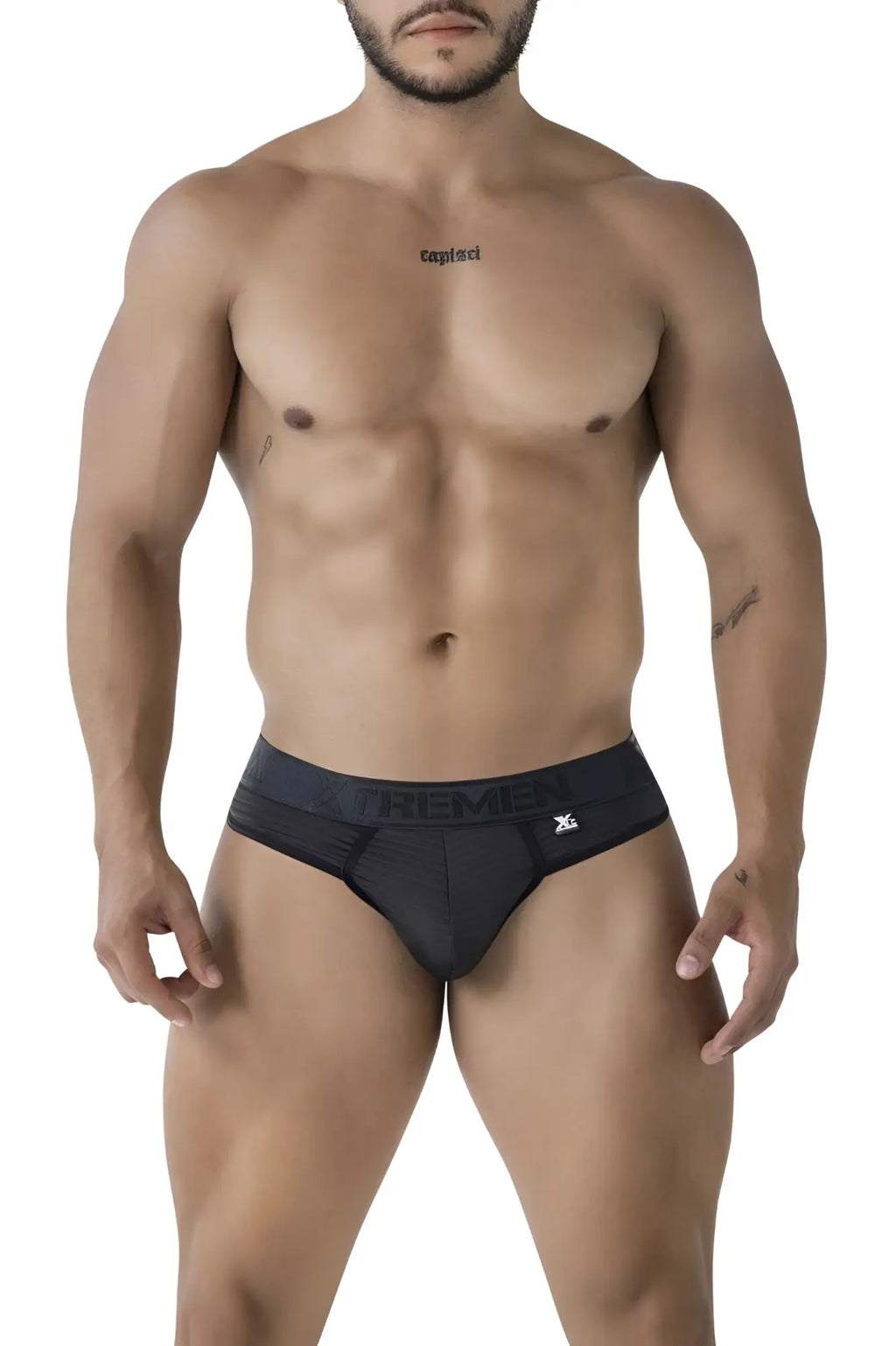Black microfiber men’s briefs with dark gray waistband featuring Xtremen brand name and logo in color black