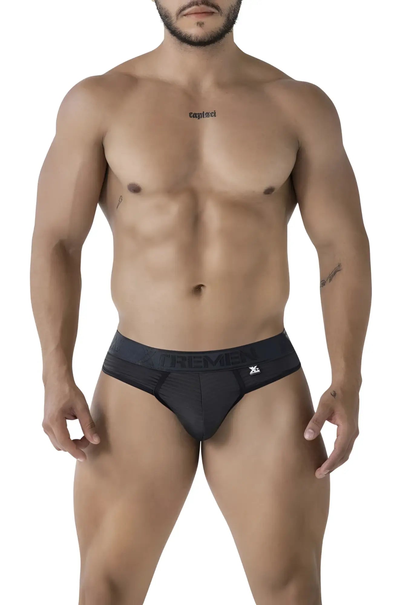 Black microfiber men’s briefs with dark gray waistband featuring Xtremen brand name and logo in color black