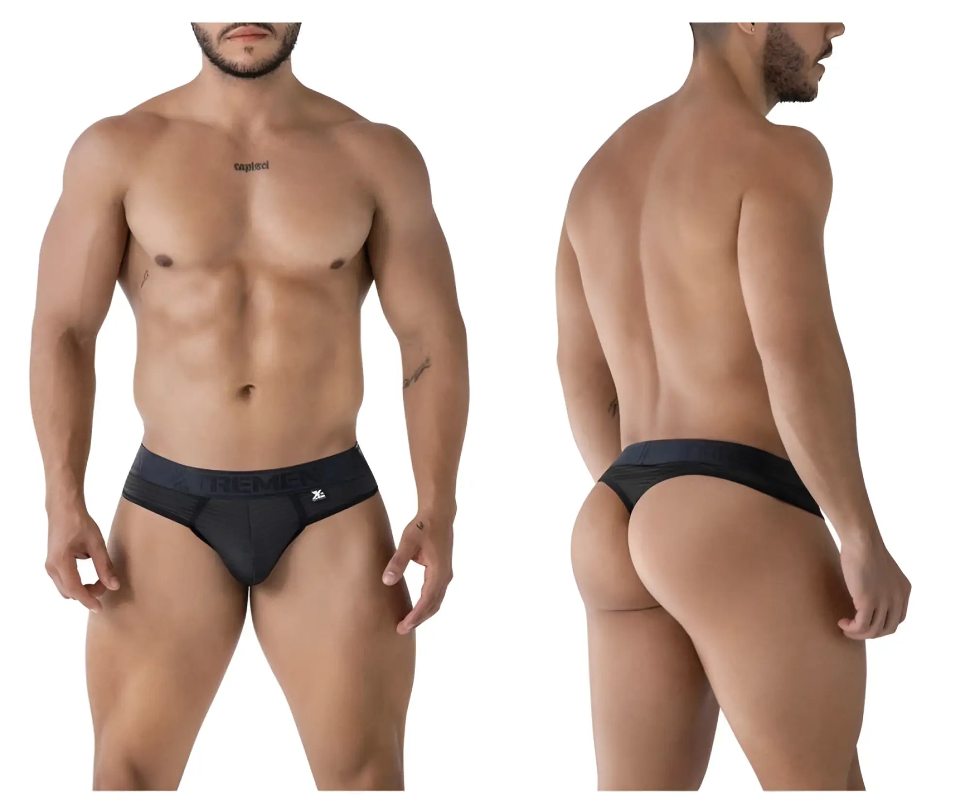 Black xtremen 91211b microfiber thong briefs with snug fit and small logo on waistband