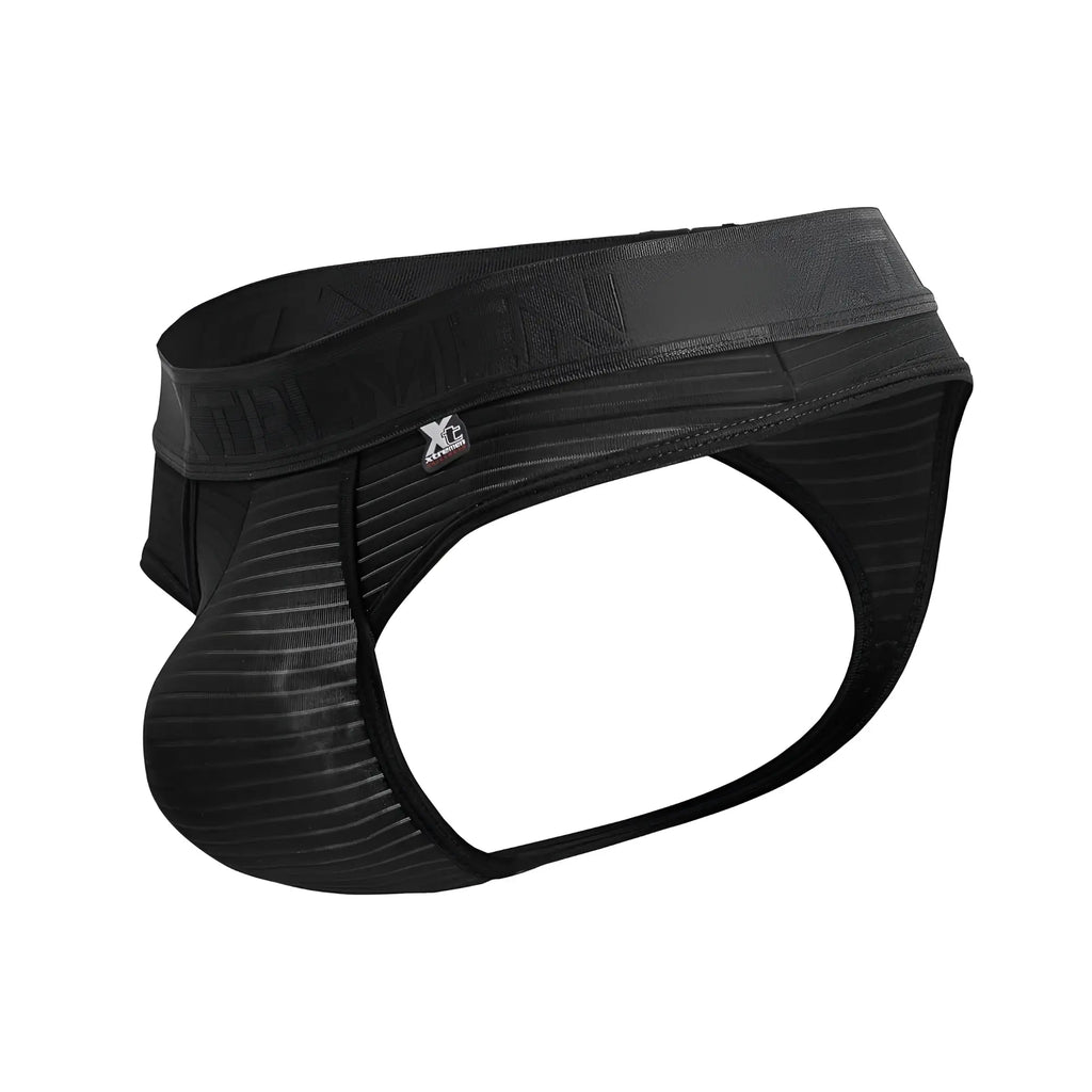 Black Xtremen 91211B microfiber thongs with ribbed fabric and elastic waistband featuring xc logo