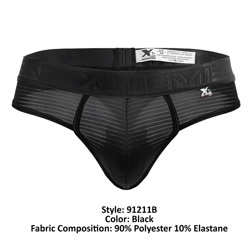Black xtremen 91211b microfiber thongs with ribbed mesh pattern and elastic waistband featuring brand logo