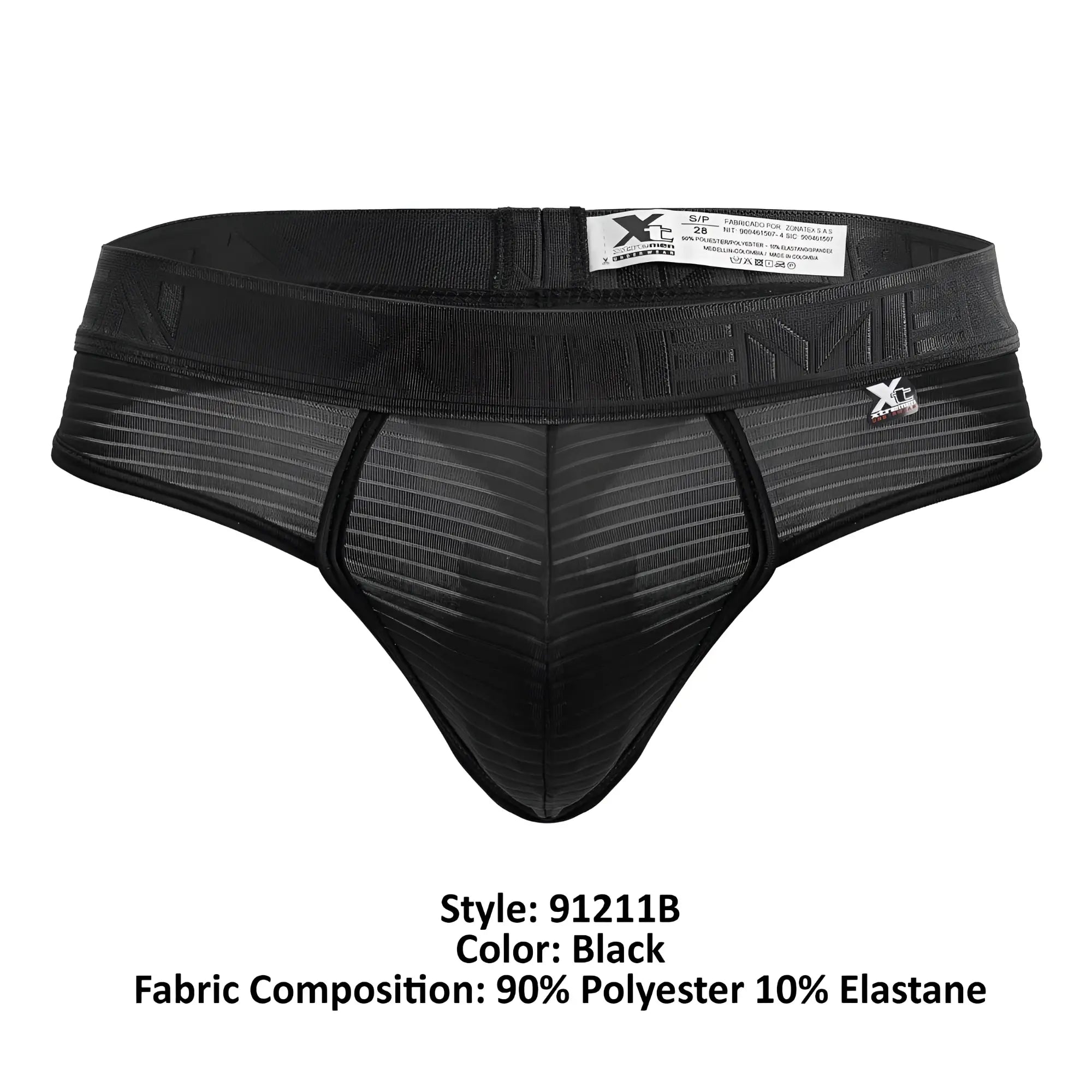 Black xtremen 91211b microfiber thongs with ribbed mesh pattern and elastic waistband featuring brand logo