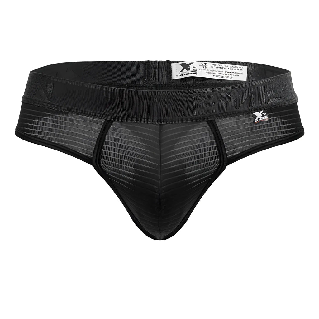 Black xtremen 91211b microfiber thong with ribbed mesh texture and elastic waistband featuring xc logo back side view