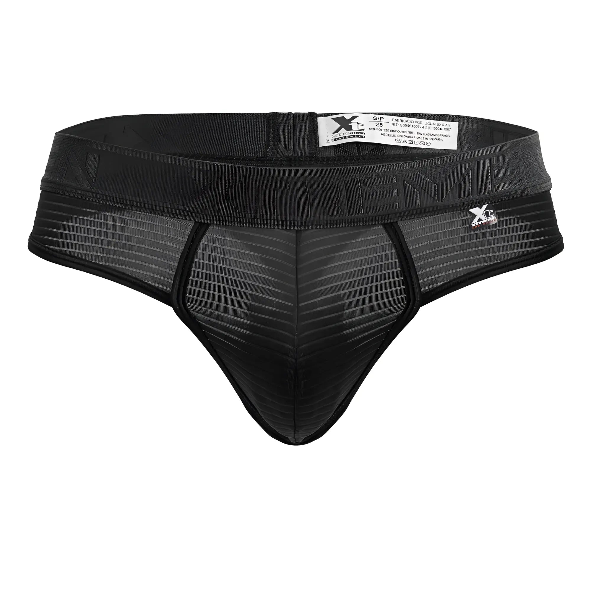 Black xtremen 91211b microfiber thong with ribbed mesh texture and elastic waistband featuring xc logo back side view
