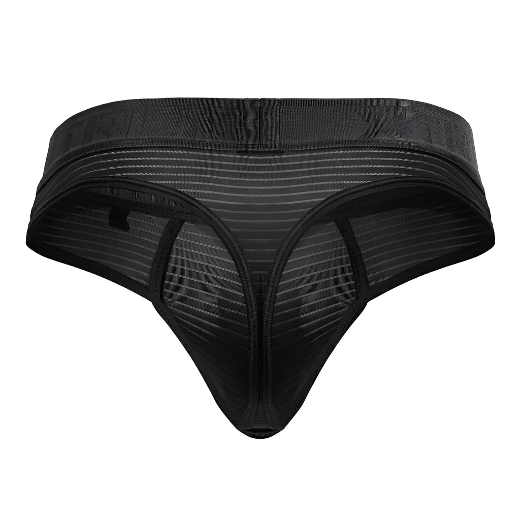 Black xtremen 91211b microfiber thong with striped mesh pattern and elastic waistband shown from the back side