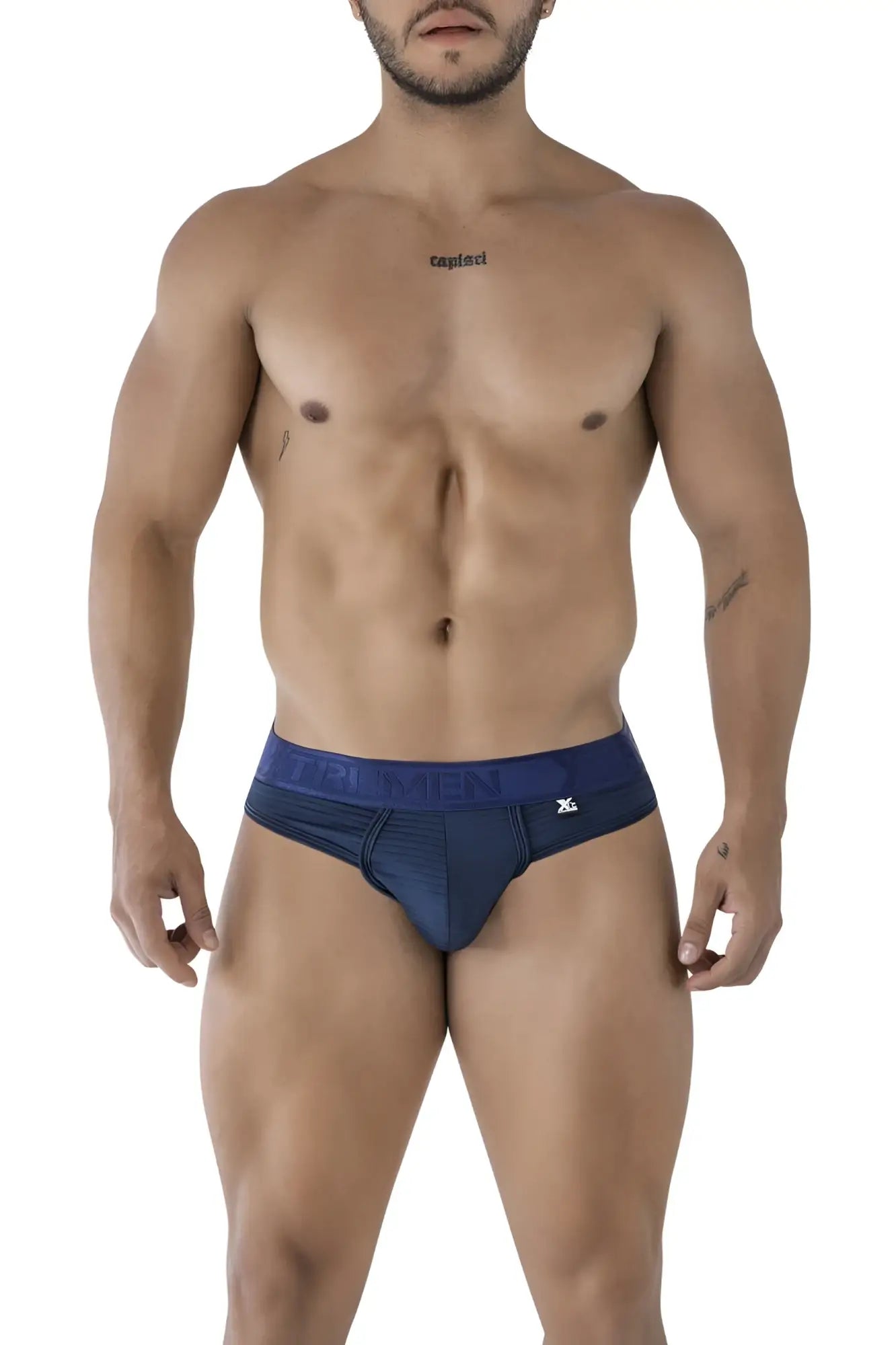 Navy blue xtremen 91211b microfiber men’s briefs with darker navy waistband featuring brand logo and name