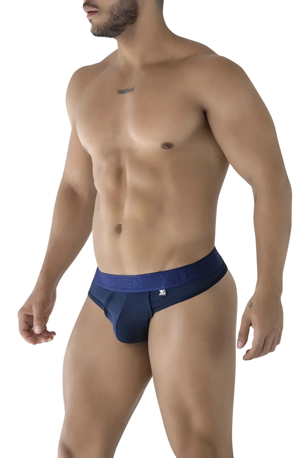 Navy microfiber men’s briefs with matching waistband and small white logo front xtremen 91211b microfiber thong