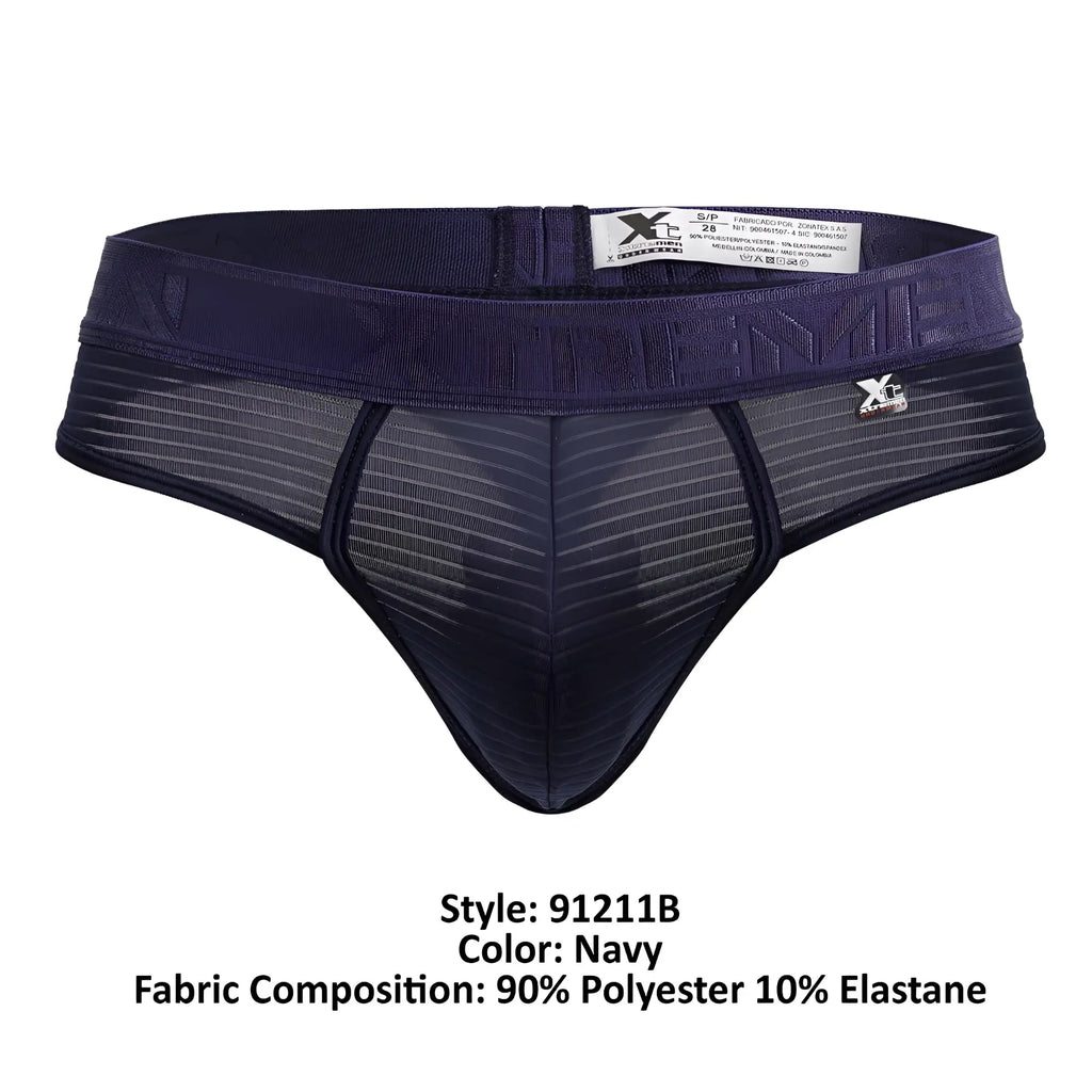 Navy microfiber men’s thong with mesh front panel and elastic waistband featuring xg brand logo side detail