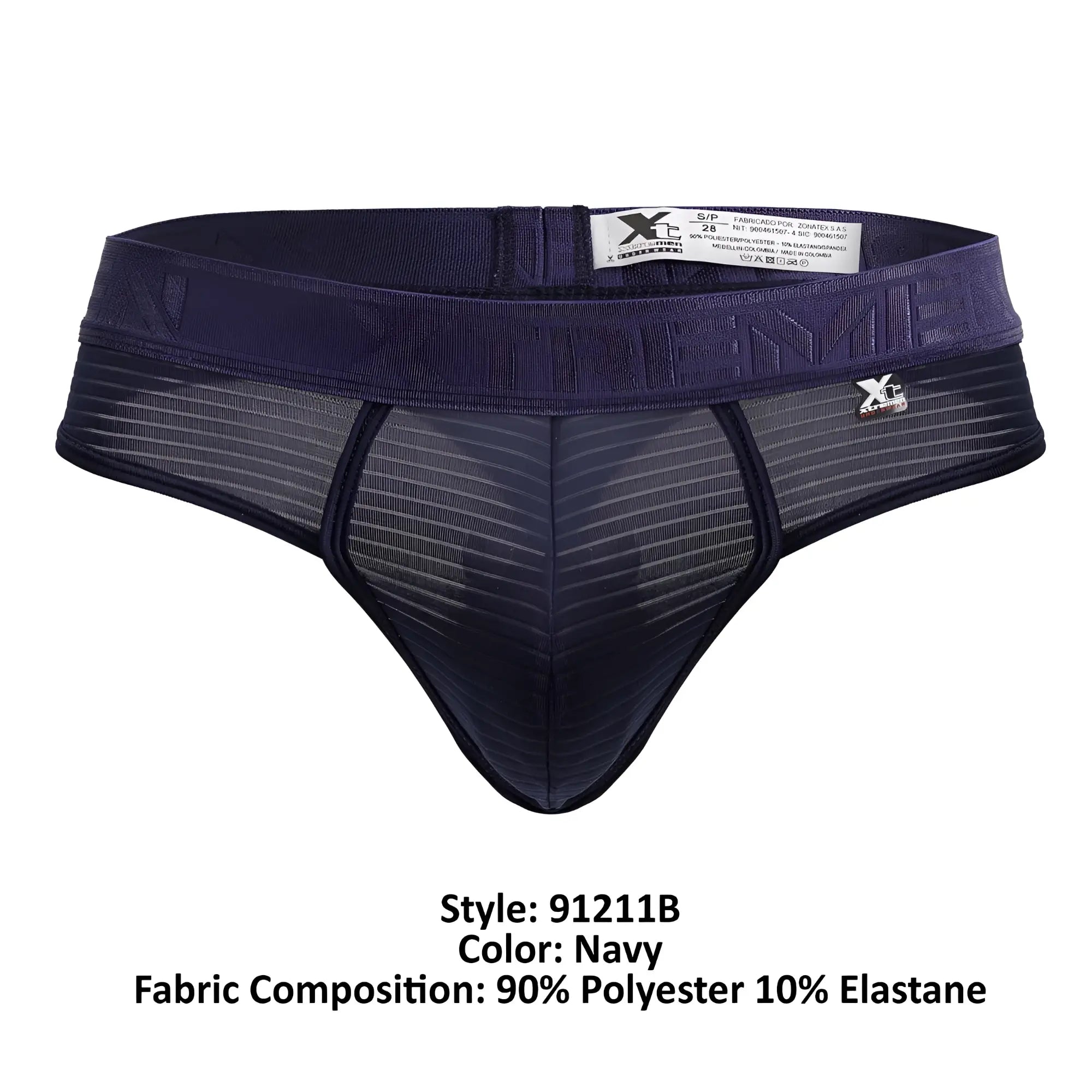 Navy microfiber men’s thong with mesh front panel and elastic waistband featuring xg brand logo side detail