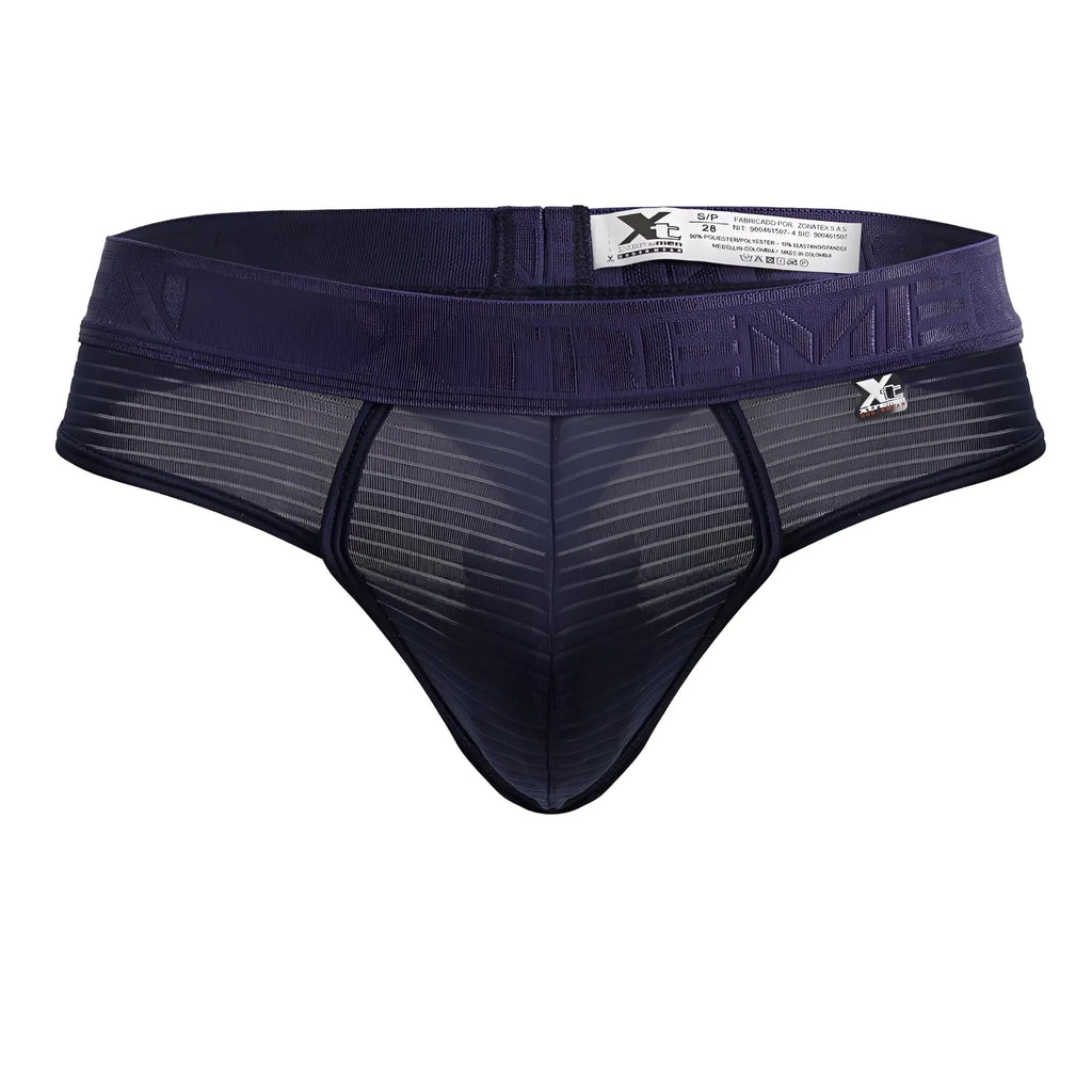 Dark navy blue Xtremen 91211B microfiber men’s thongs with mesh design and elastic waistband front view