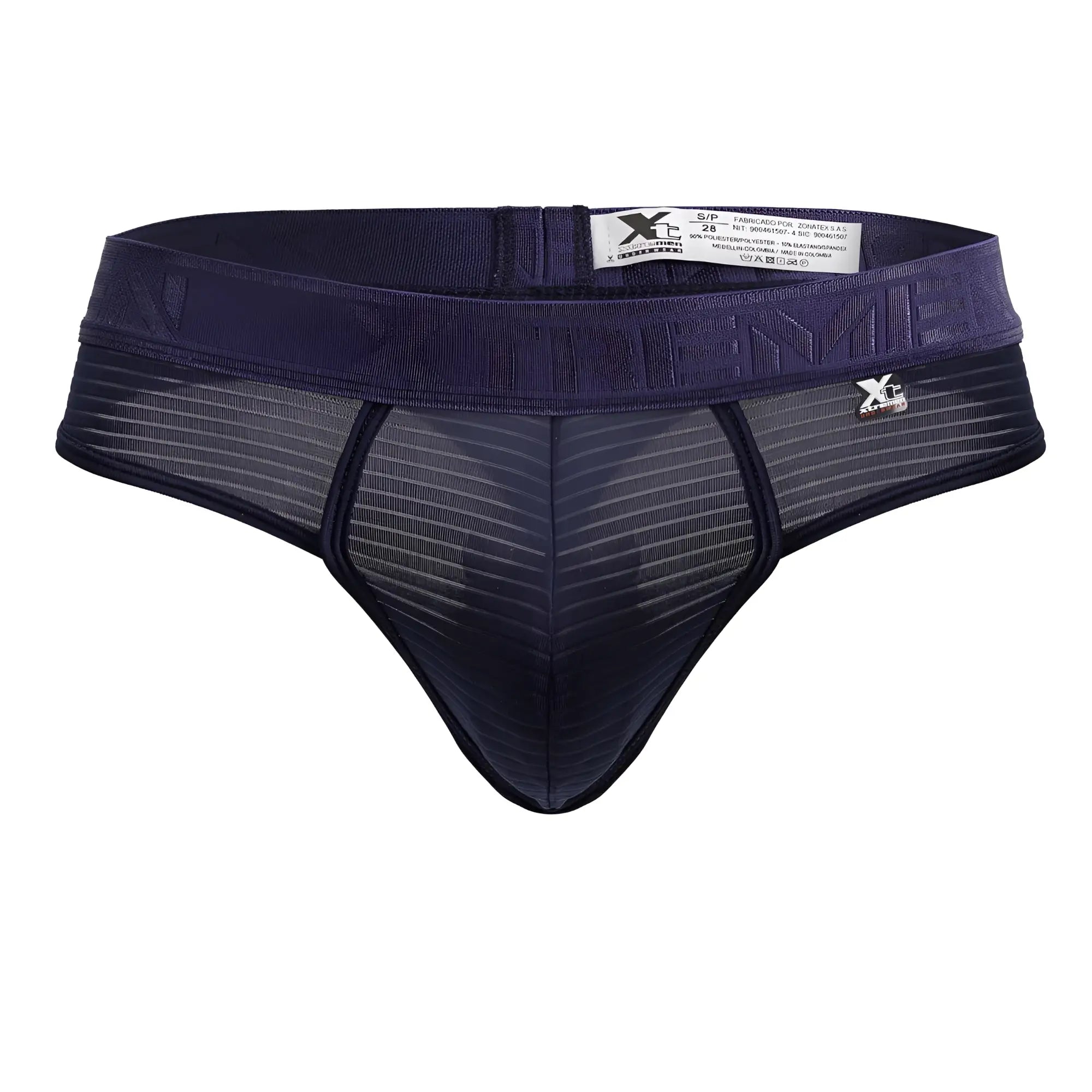 Dark navy blue Xtremen 91211B microfiber men’s thongs with mesh design and elastic waistband front view