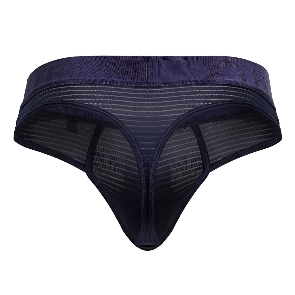 Dark blue xtremen 91211b microfiber thong with solid waistband and subtle vertical stripes