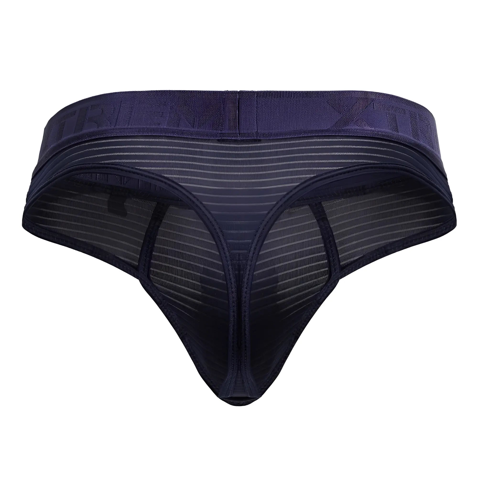 Dark blue xtremen 91211b microfiber thong with solid waistband and subtle vertical stripes