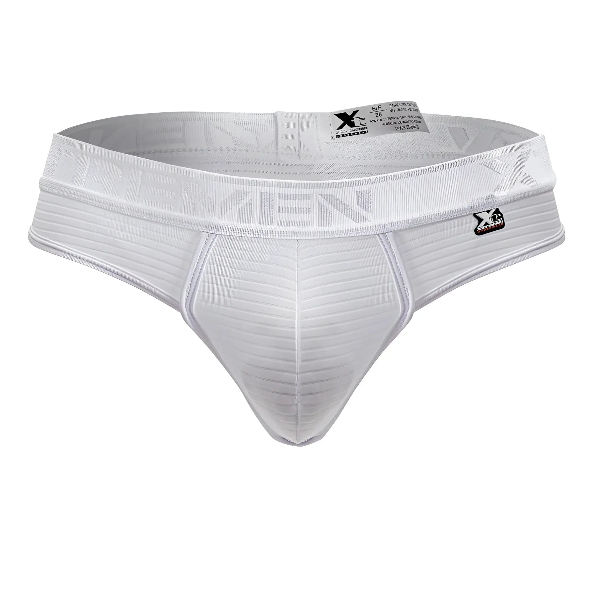 White xtremen 91211b microfiber thongs with ribbed fabric and elastic waistband featuring brand logo