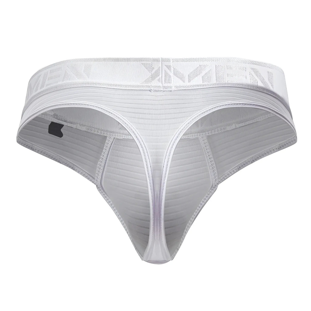 White xtremen 91211b microfiber thong with ribbed mesh texture and elastic waistband featuring xmin logo