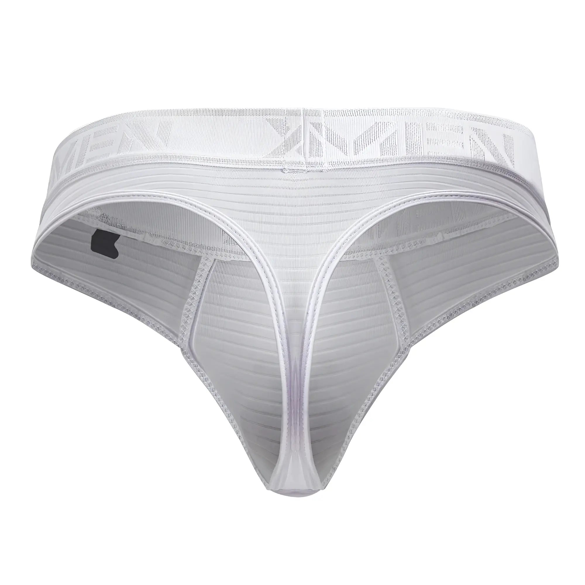 White xtremen 91211b microfiber thong with ribbed mesh texture and elastic waistband featuring xmin logo