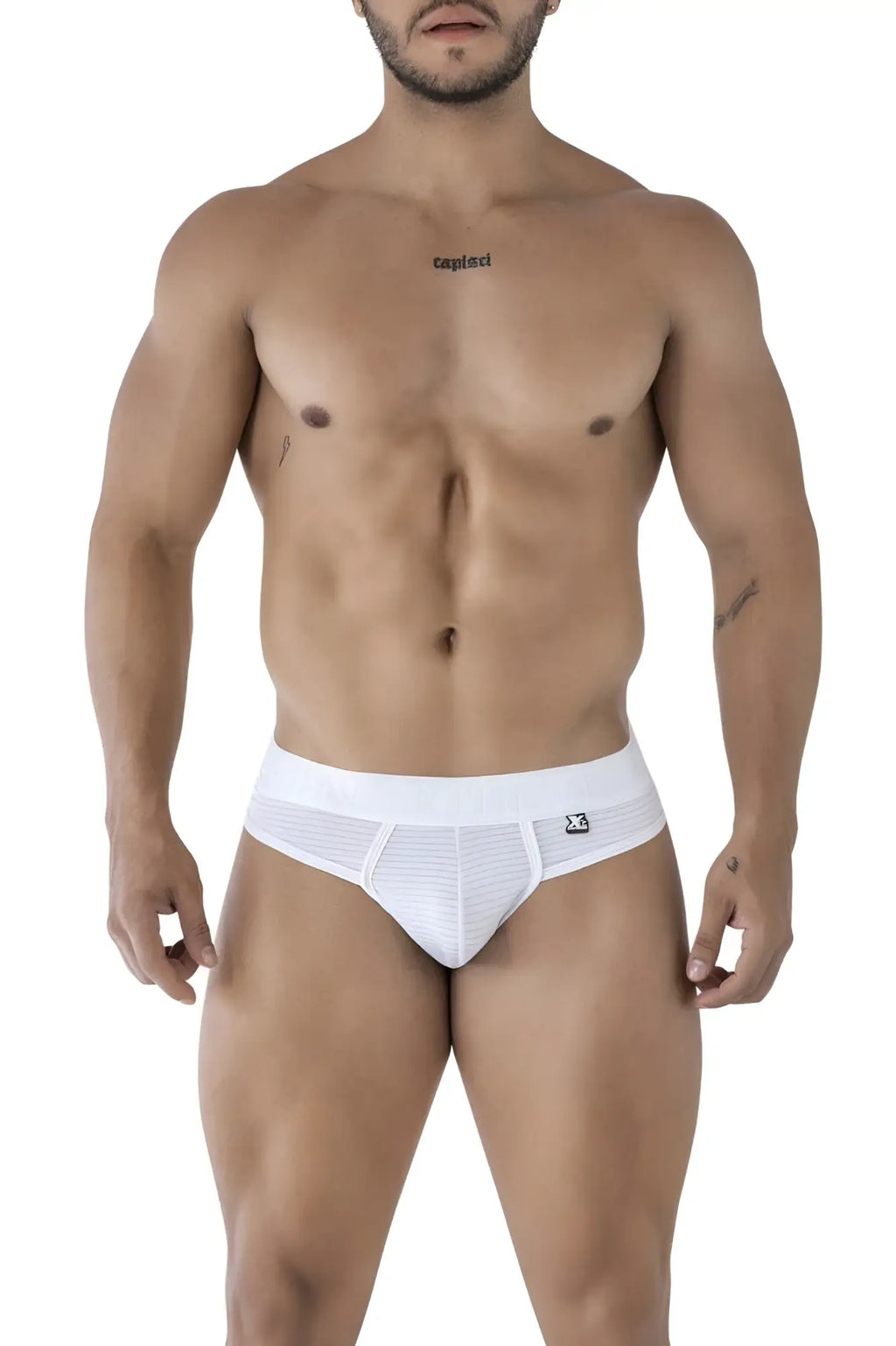 White xtremen 91211b microfiber thong briefs with subtle ribbed texture and small waistband logo