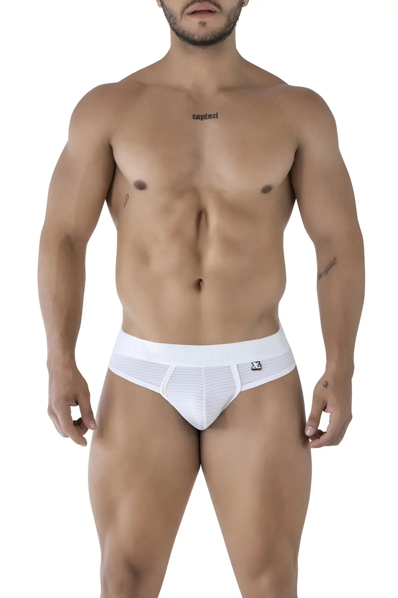 White xtremen 91211b microfiber thong briefs with subtle ribbed texture and small waistband logo