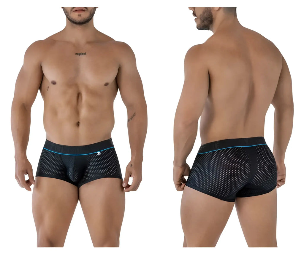 Xtremen 91212b black microfiber trunks with black mesh briefs and blue trim featuring brand logo on waistband
