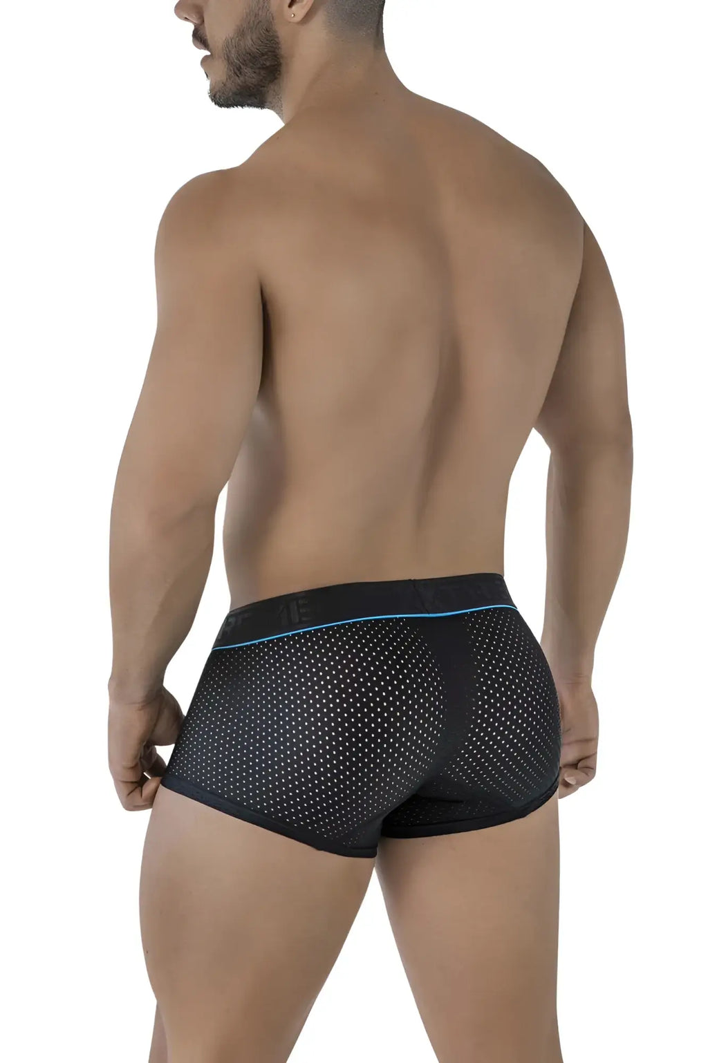 Xtremen 91212B black microfiber trunks with black mesh briefs and subtle blue trim along the waistband