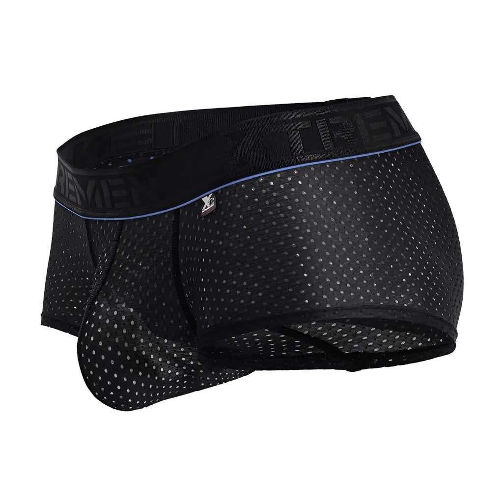 Xtremen 91212b black microfiber mesh briefs with subtle blue trim and embossed branding on waistband