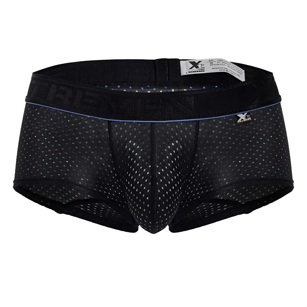 Black xtremen 91212b microfiber trunks with mesh fabric blue trim and trevin brand name on waistband