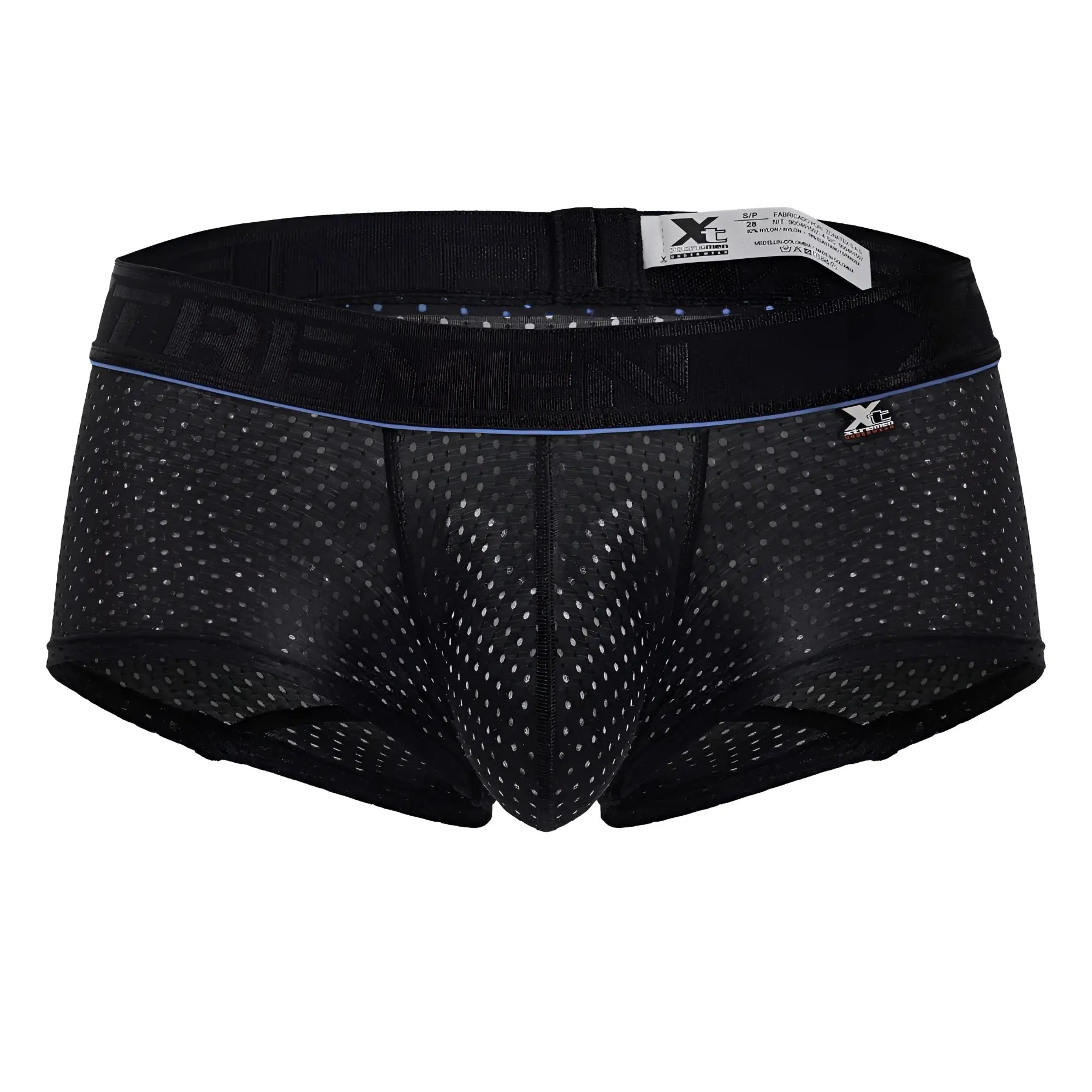 Black xtremen 91212b microfiber trunks with mesh fabric blue trim and trevin brand name on waistband