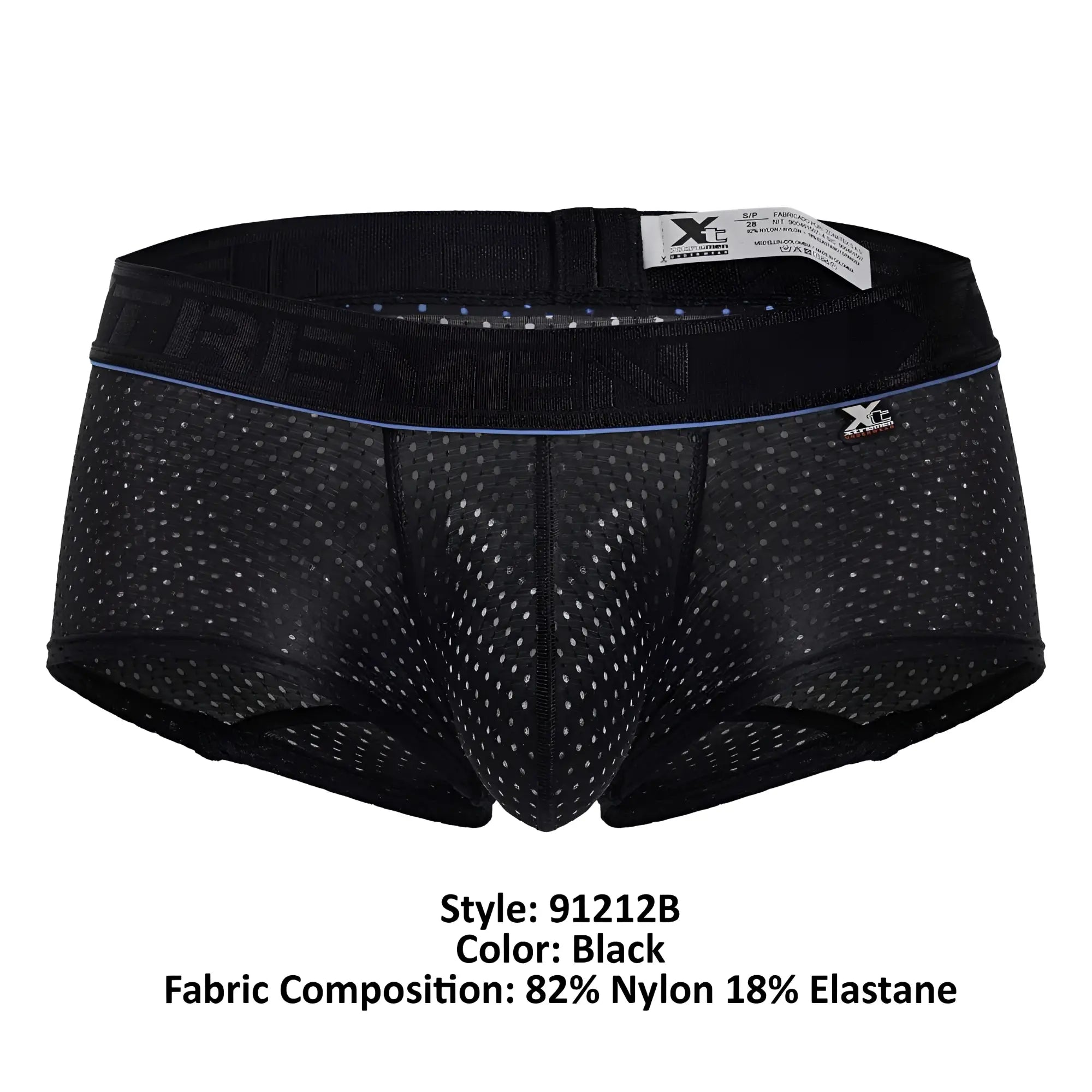 Black xtremen 91212b microfiber trunks featuring mesh fabric with blue trim and a small x logo on the side