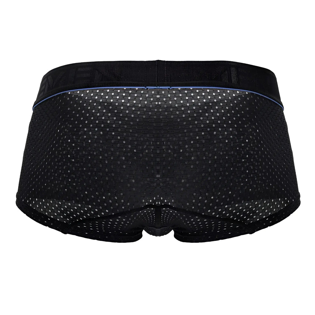 Xtremen 91212b microfiber black trunks with black mesh briefs featuring subtle perforated pattern and thin blue waistband trim