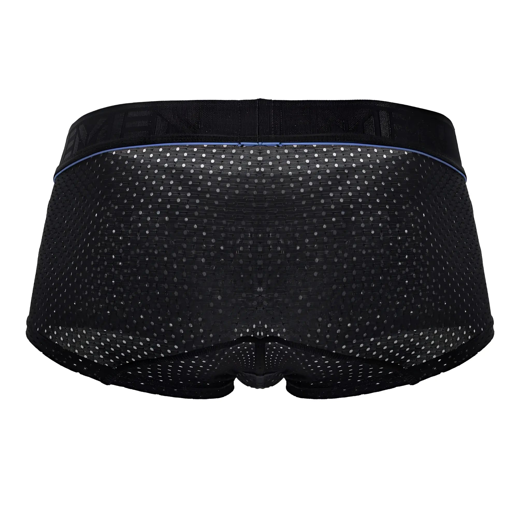 Xtremen 91212b microfiber black trunks with black mesh briefs featuring subtle perforated pattern and thin blue waistband trim