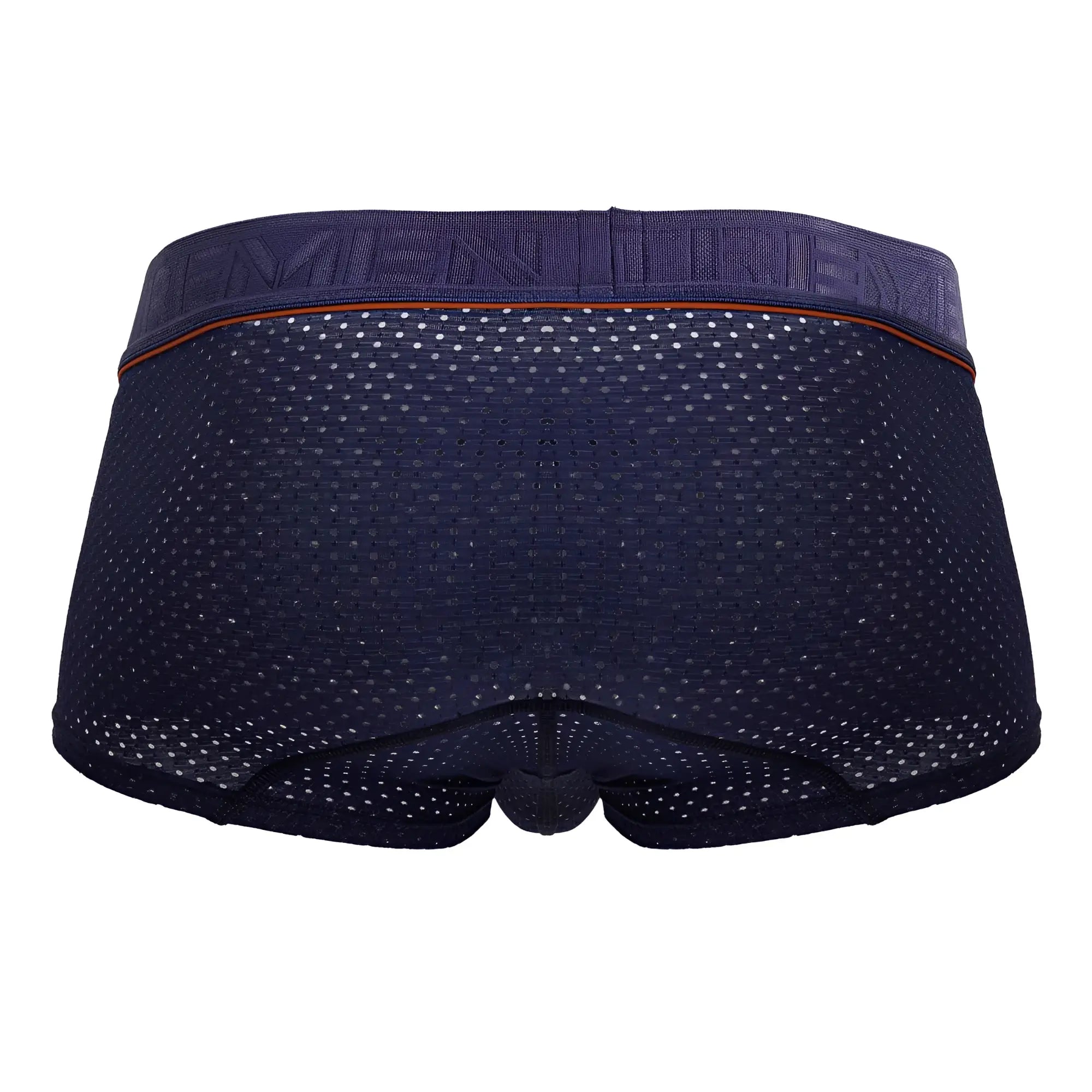 Navy blue navy xtremen 91212b microfiber trunks with orange trim along the waistband in mesh fabric