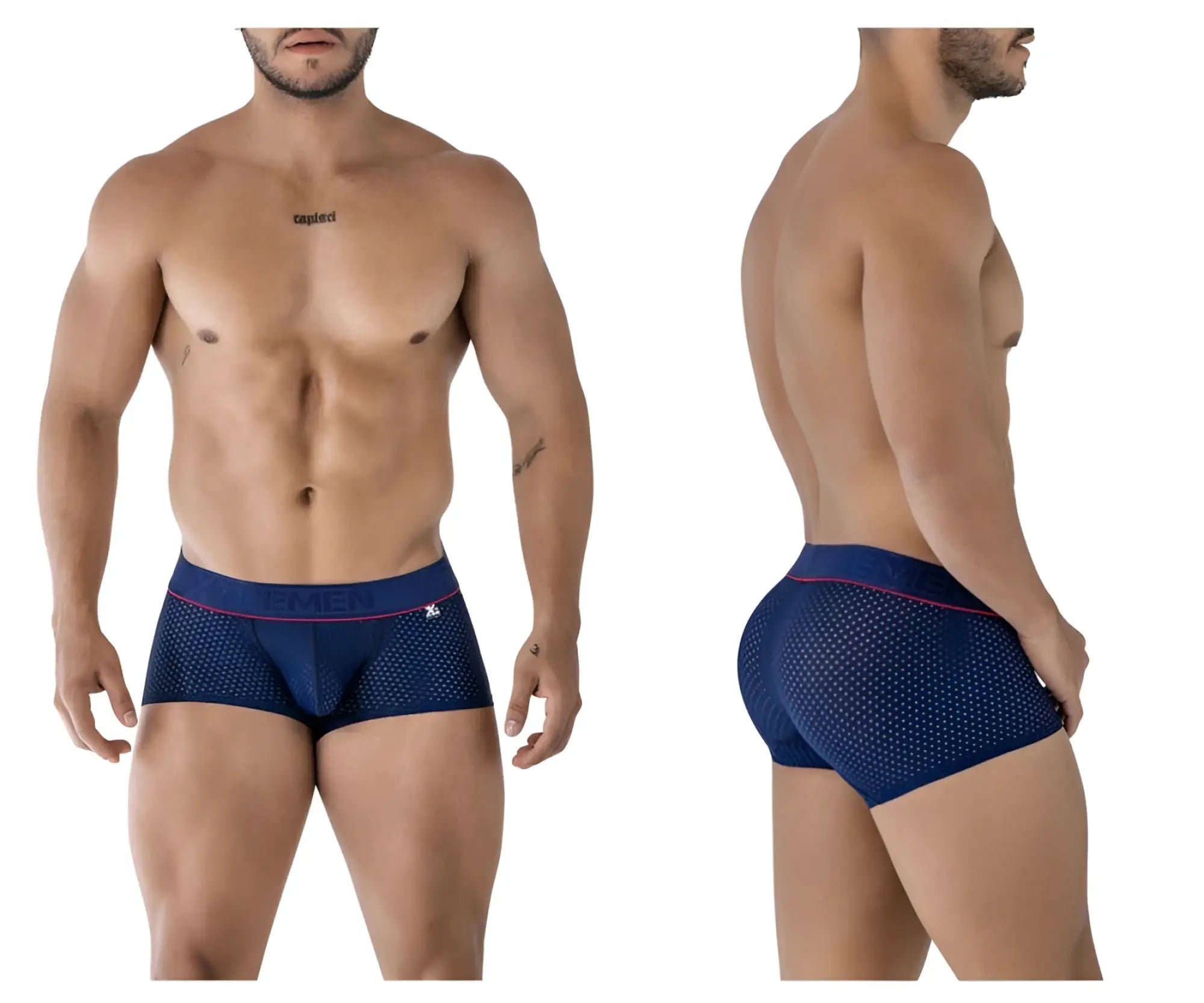 Navy blue mesh microfiber trunks with pink trim and subtle logo on waistband xtremen 91212b micro briefs