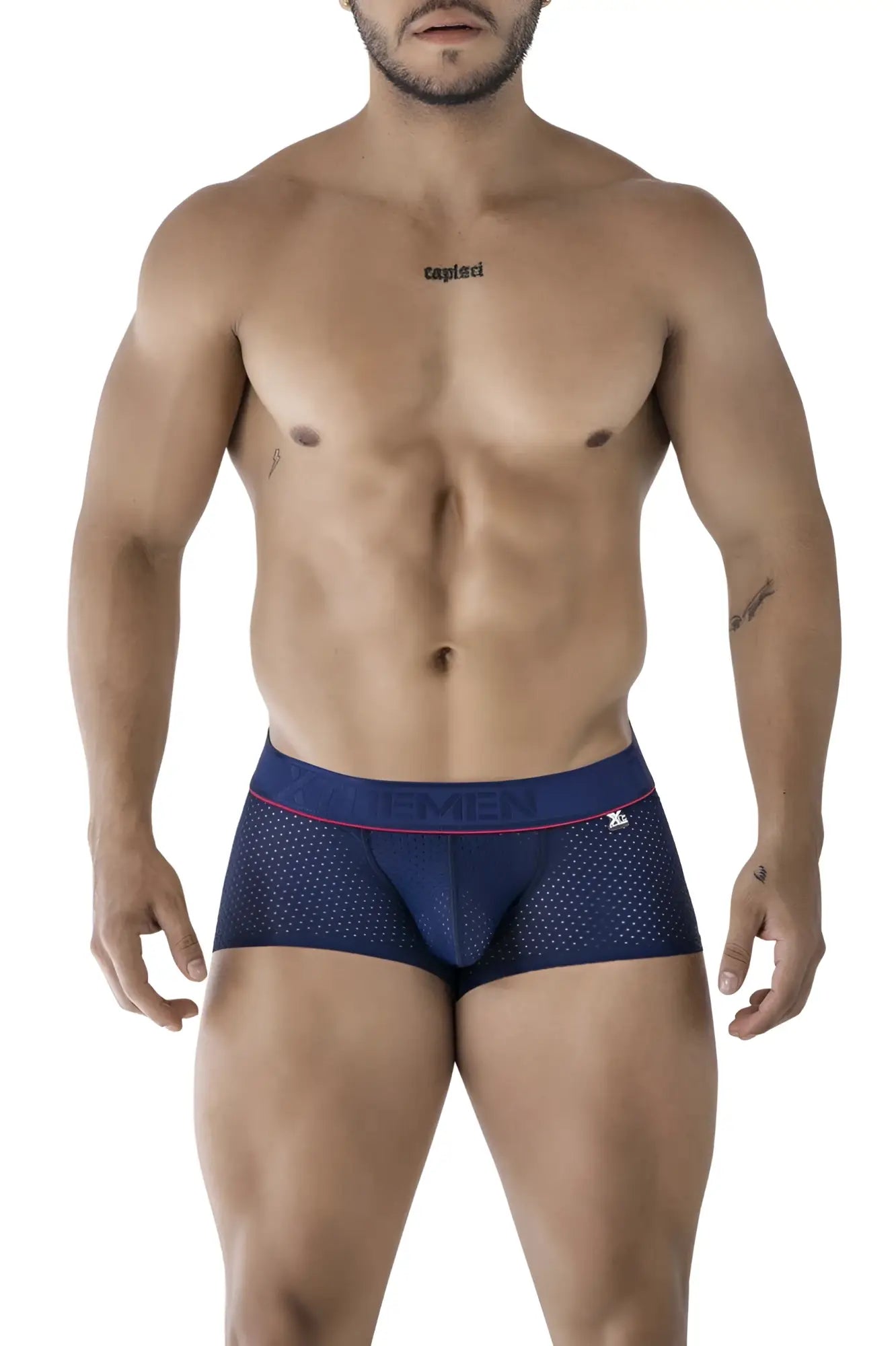 Navy blue mesh microfiber briefs with pink trim and capri waistband featured in xtremen 91212b trunks