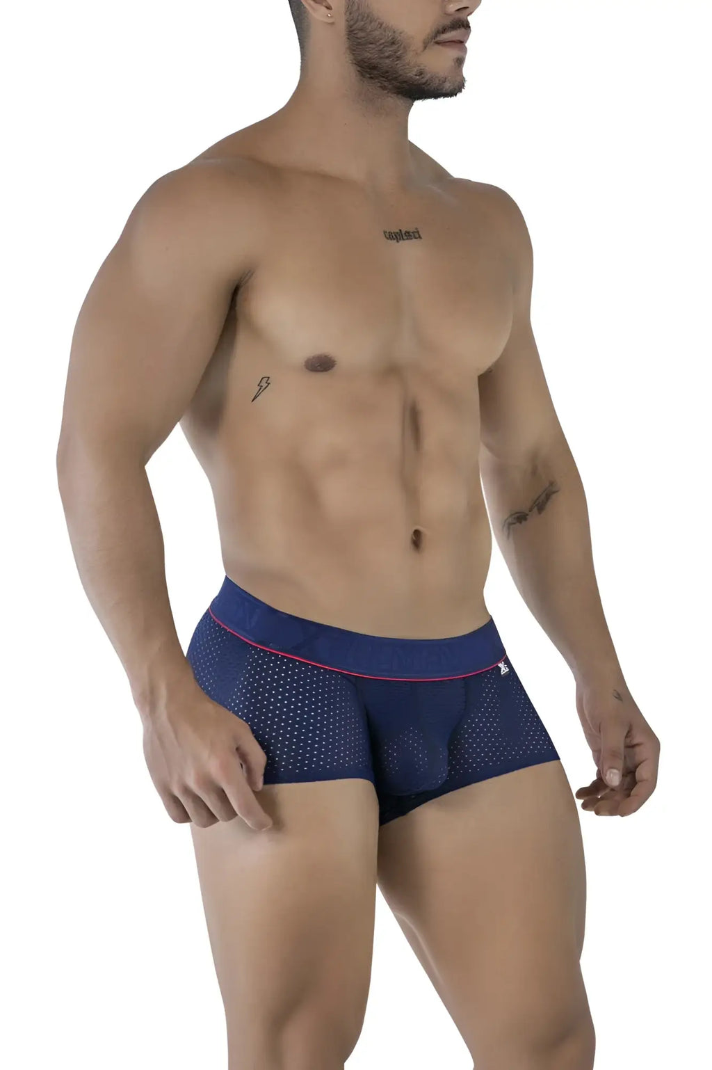 Navy blue mesh microfiber briefs with pink trim and a small white logo on the waistband Xtremen 91212B trunks