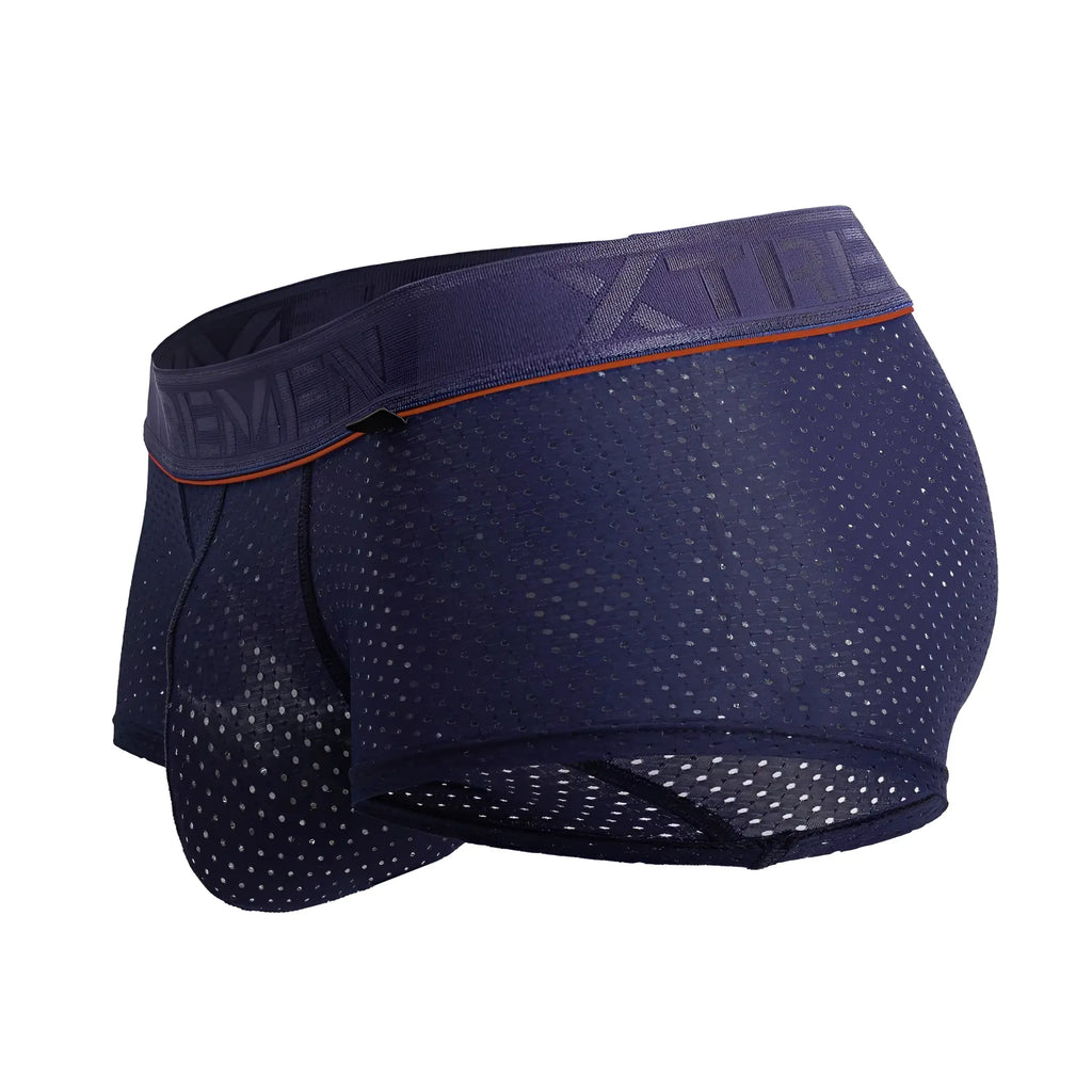 Dark blue navy xtremen 91212b microfiber trunks boxer briefs with orange trim elastic waistband and embossed branding